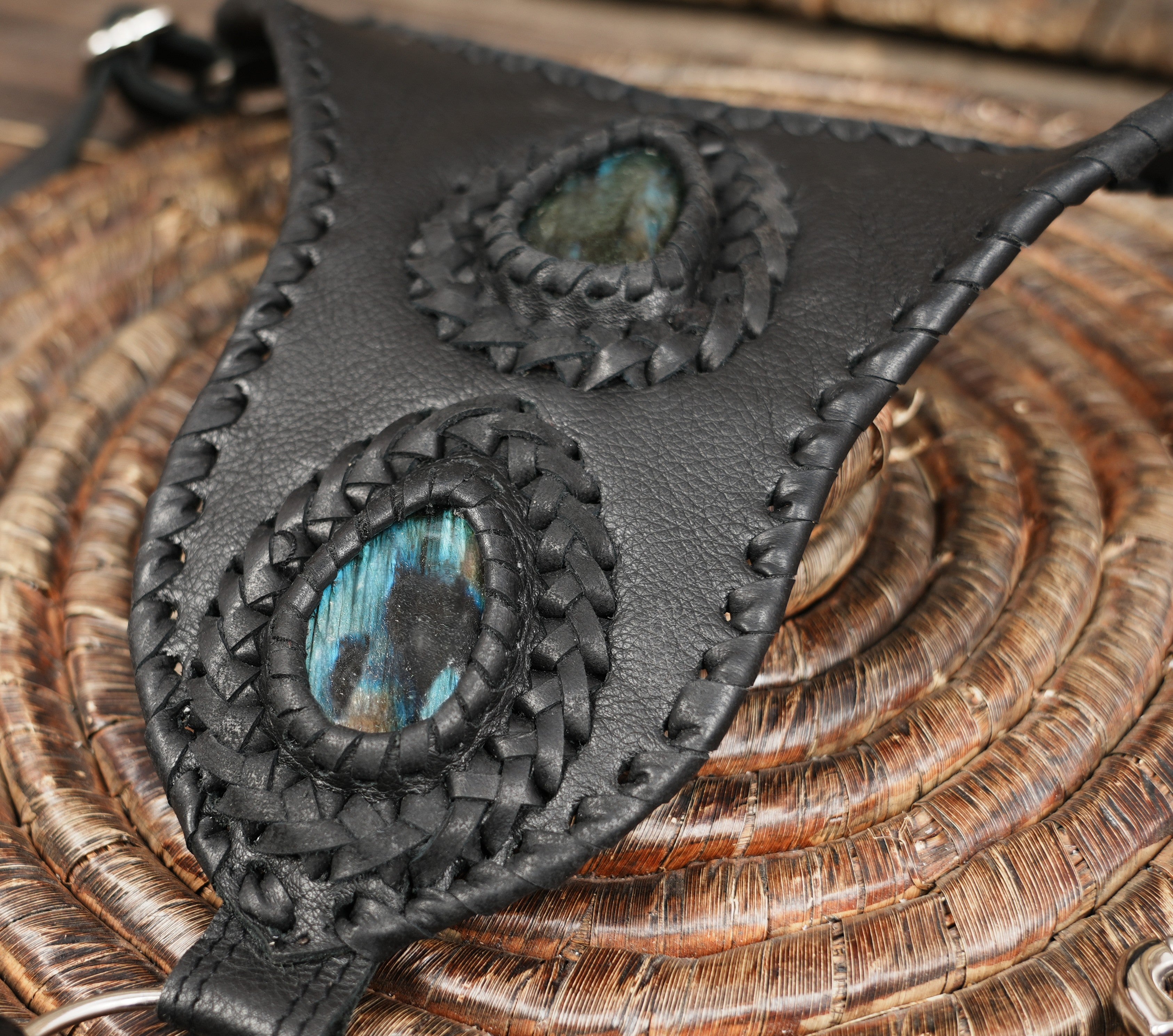 Premium handmade leather harness with dual storage pouches and ring hardware