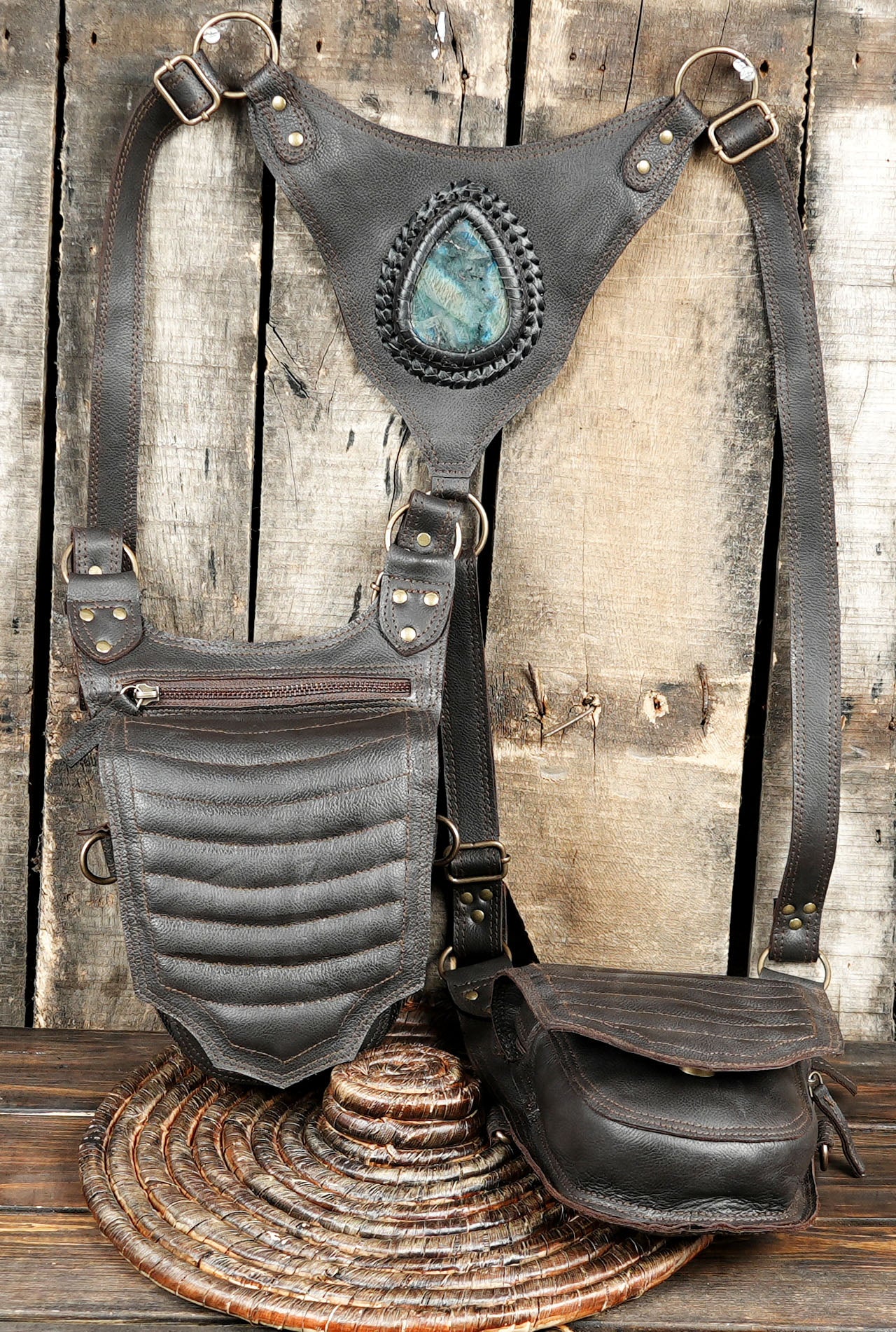 Gothic steampunk leather harness with gemstone centerpiece