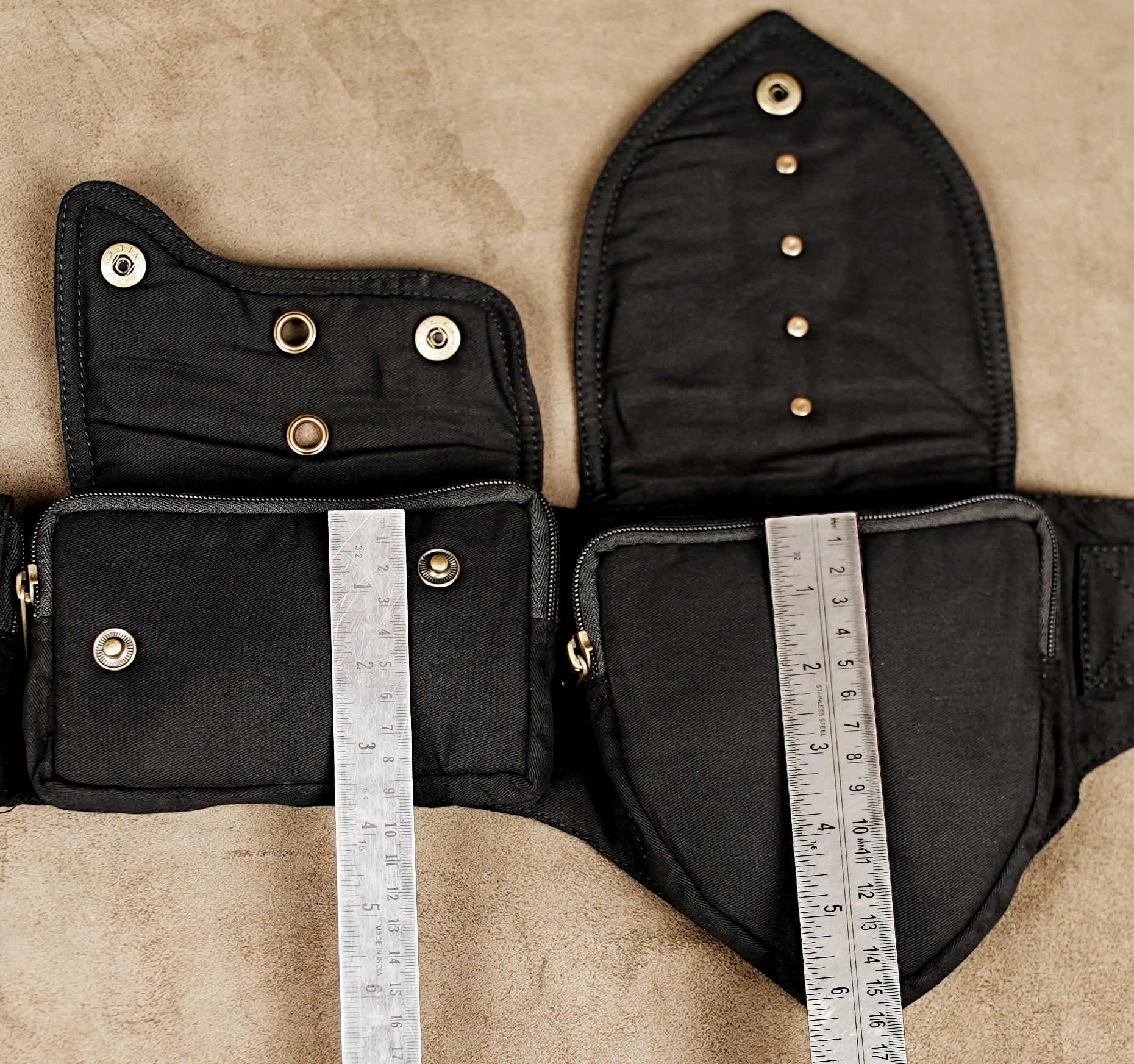 Black cotton festival hip bag with studded pouches and adjustable nylon strap