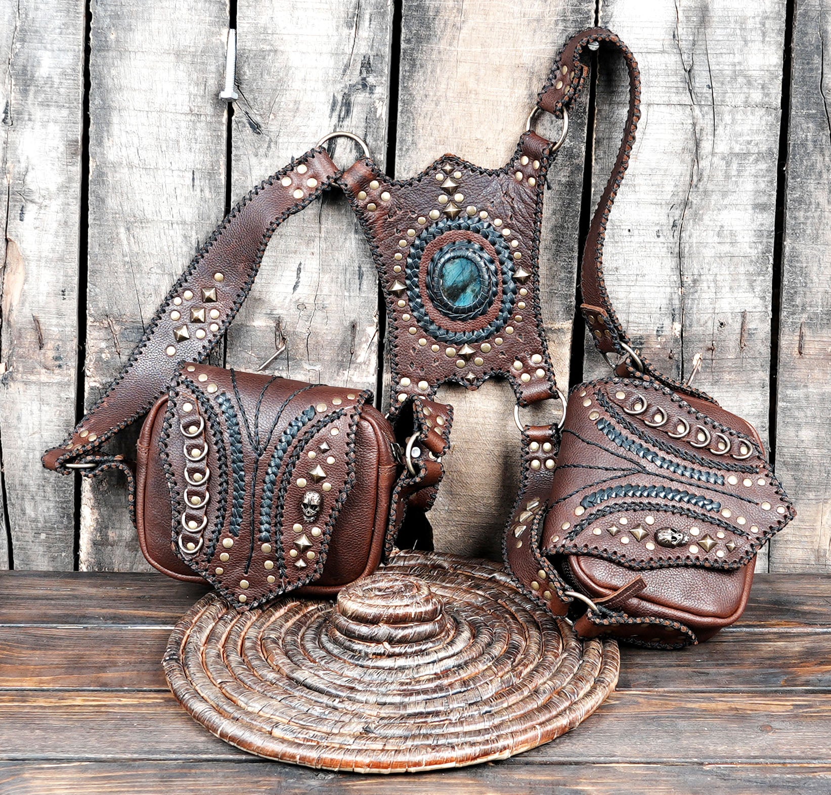 Handcrafted Studded Leather Shoulder Holster Set || Steampunk Explorer Leather Holster Harness (LT-AB-HLS-6020)