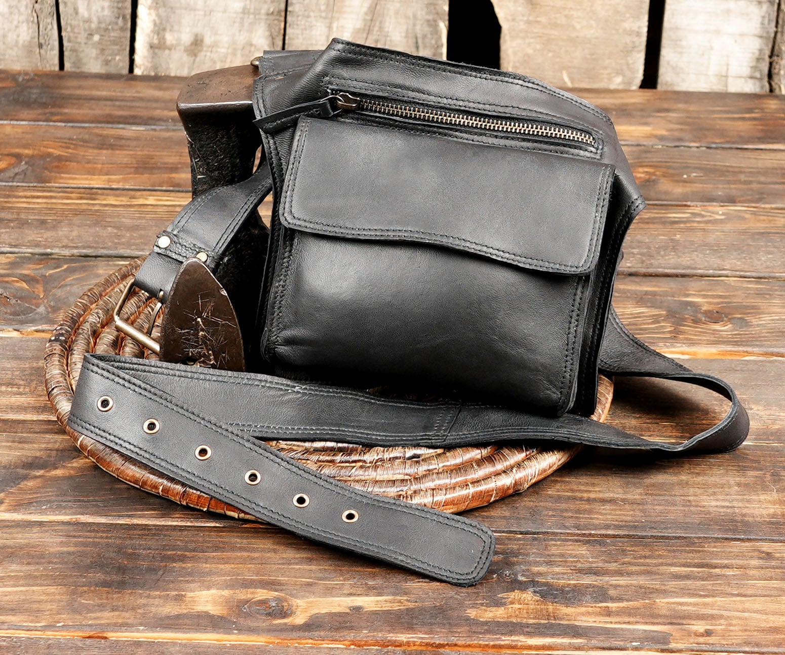 Travel friendly leather waist bag with secure zip front