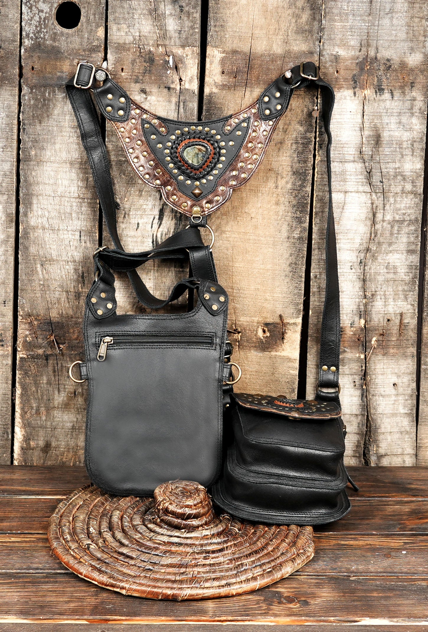 Handcrafted Black Leather Double Holster with Gemstone Accents || Tribal-Inspired Double Leather Holster with Adjustable Strap(LT/AB/HLS/6119)s (