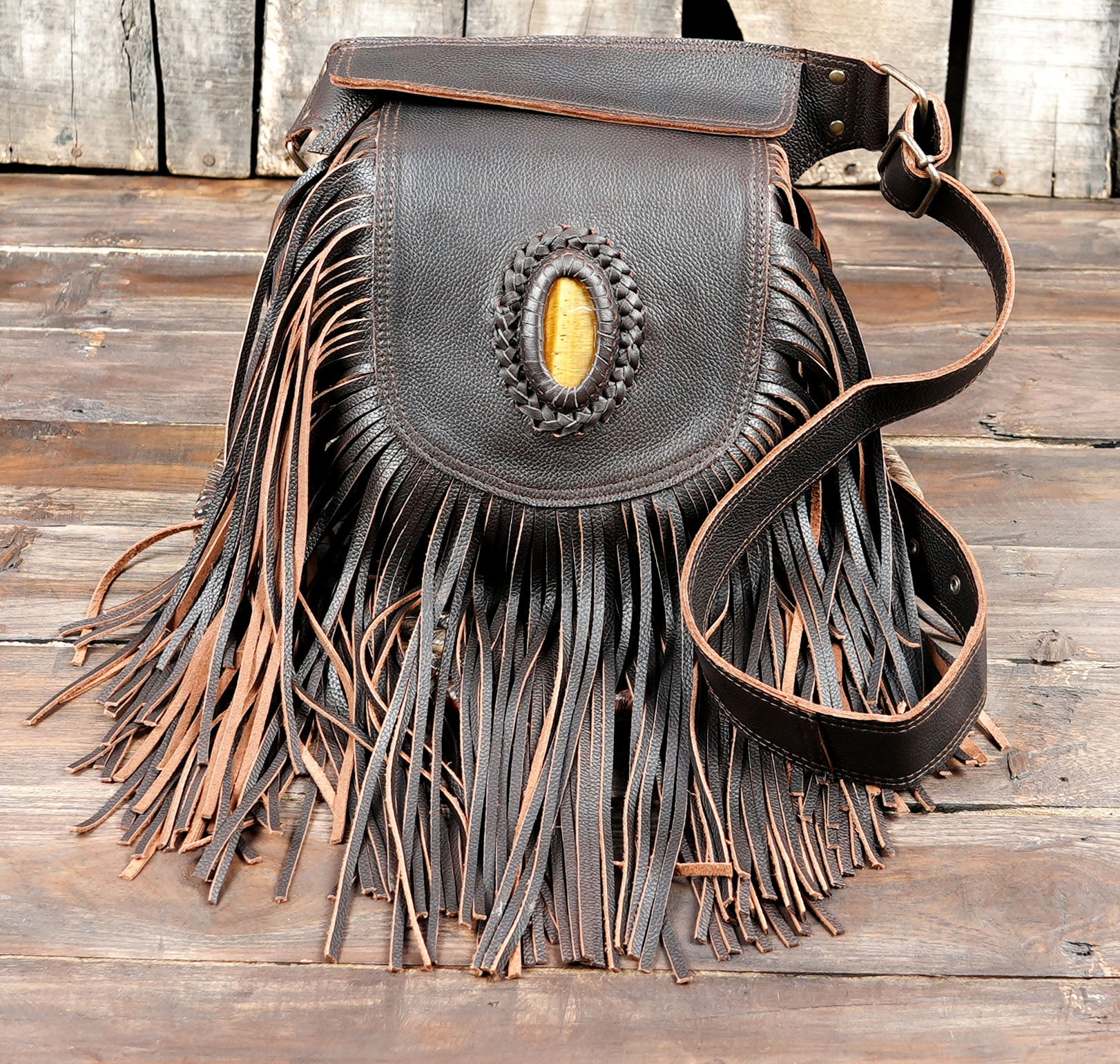 Men’s and women’s bohemian leather belt pouch USA with long fringes 