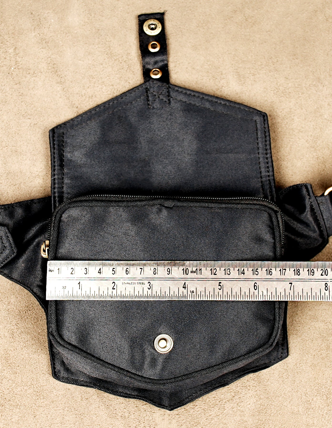 Multi-pocket black cotton utility belt with antique brass buckles