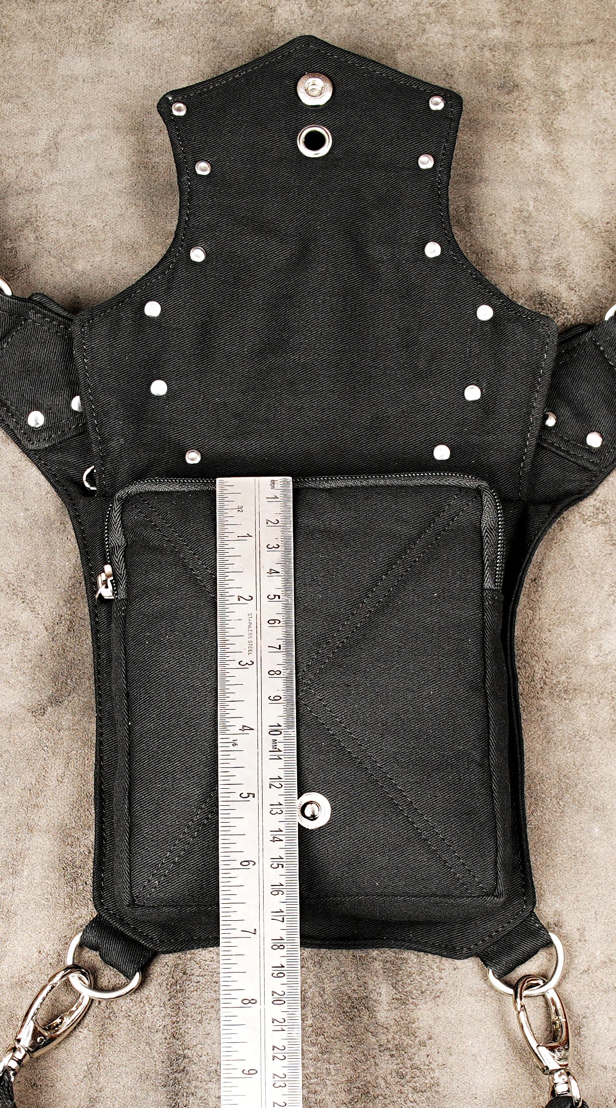 Black cotton multi-pocket drop leg bag ideal for motorcycle riding and travel
