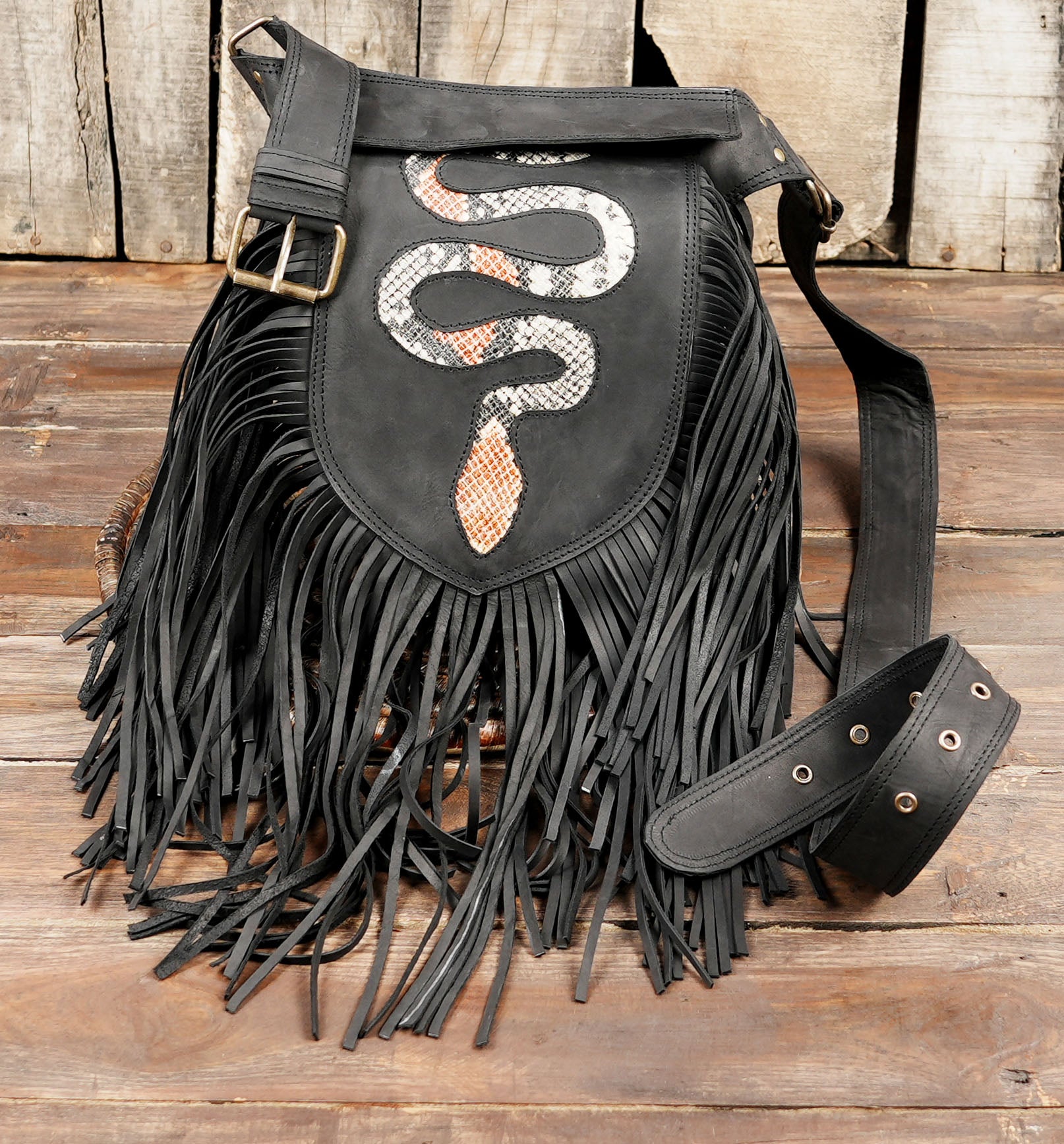 Handmade Black Leather Hip Bag with Fringe – Boho Waist Belt Pouch, Utility Waist Bag with Long Fringe For Unisex (LT/AB/WB/6198)