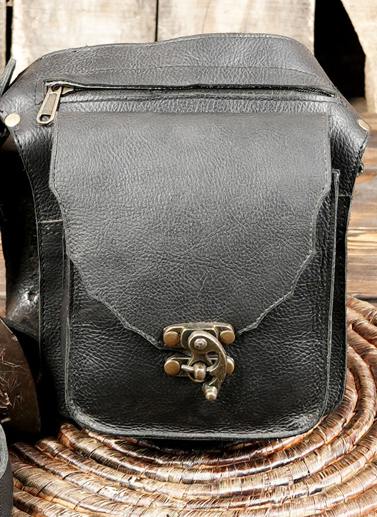 Leather hip pouch belt in black with antique-style metal closure