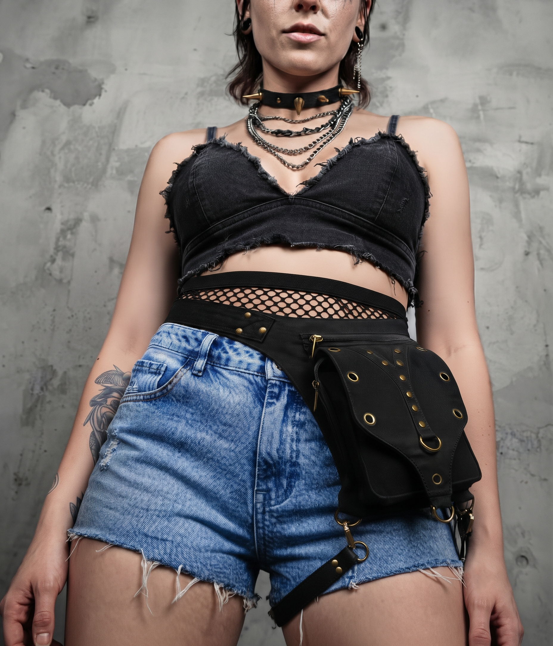 Black Canvas Festival Belt Bag - Versatile Thigh Pouch with Steampunk Hardware and Multiple Pockets For Unisex.
