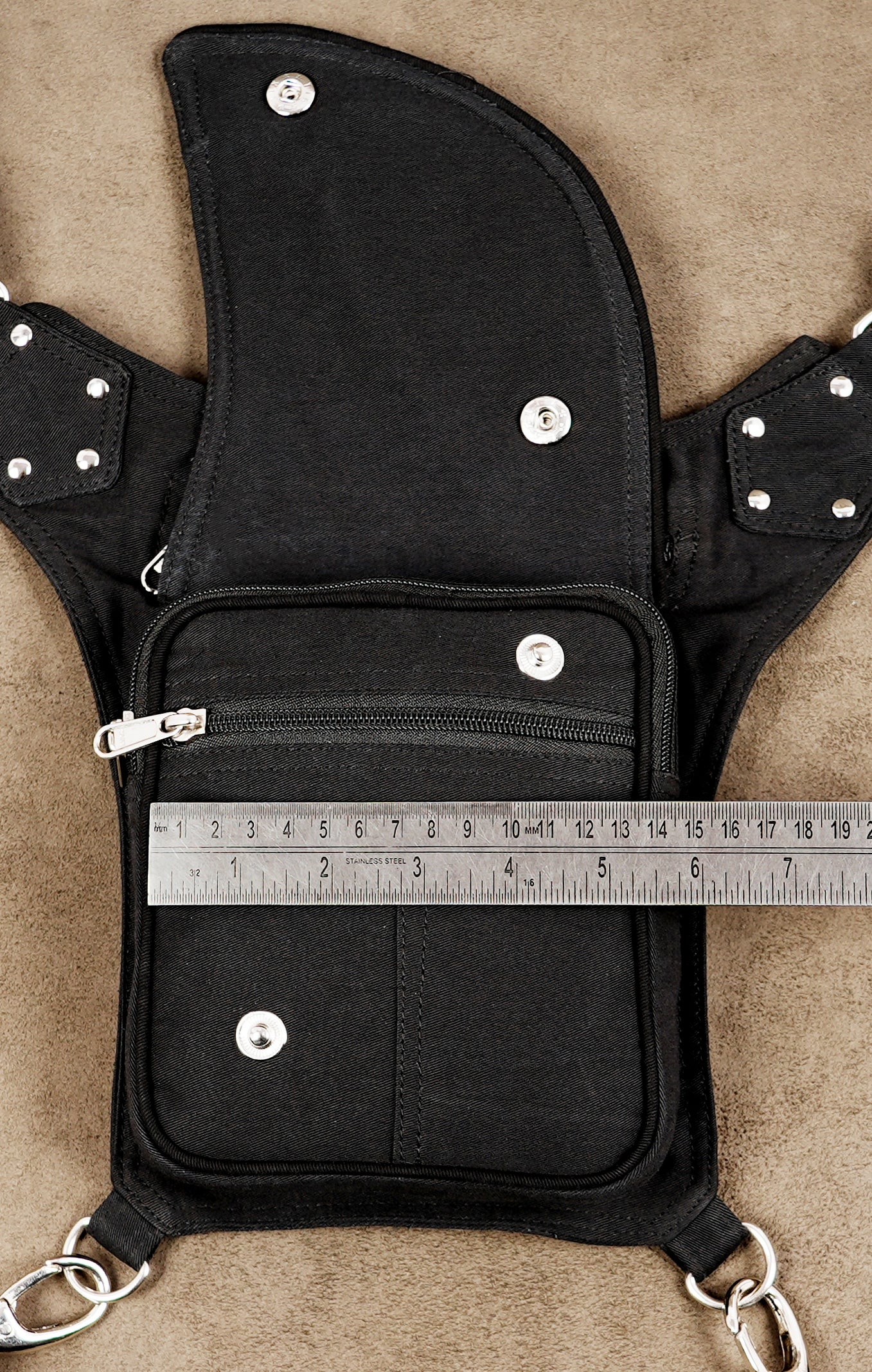 Black canvas-style cotton thigh belt bag with zipper compartments
