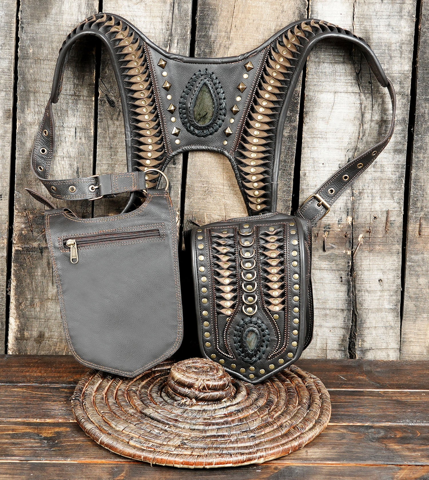 Bohemian crossbody holster bag with gemstone and handcrafted details
