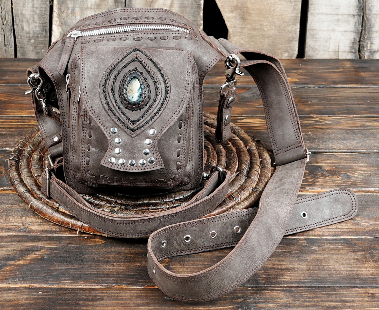 Brown leather thigh bag for festivals, cosplay, and travel