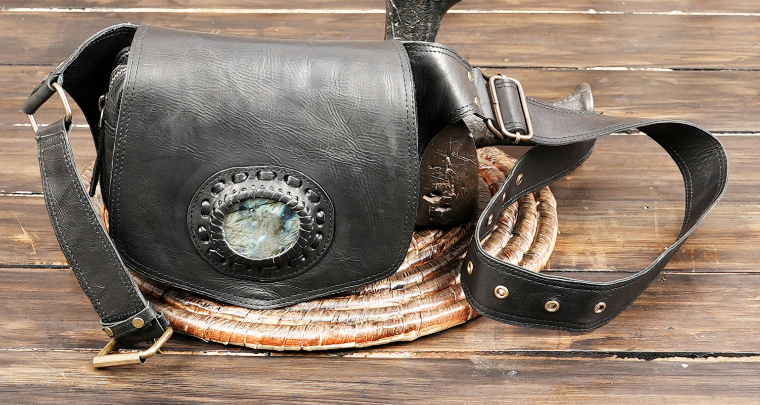 Minimalist leather belt bag with unique stone embellishment