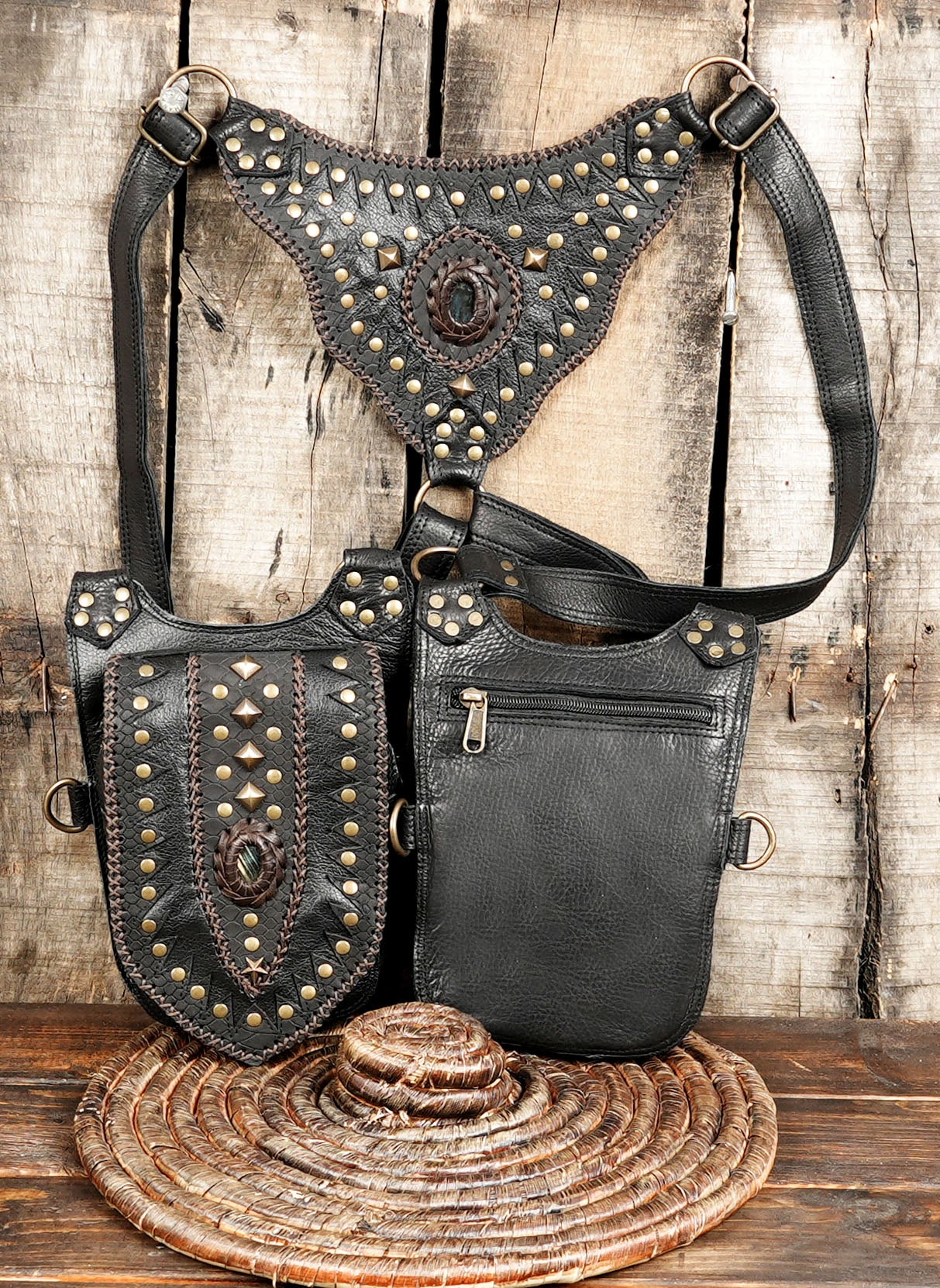 Black gothic leather holster bag with gemstone ornament