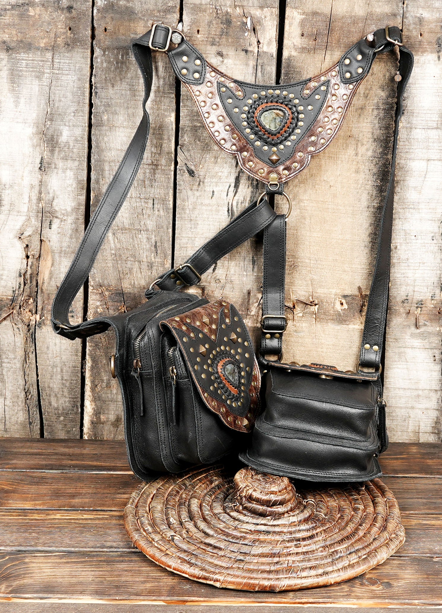 Handcrafted Black Leather Double Holster with Gemstone Accents || Tribal-Inspired Double Leather Holster with Adjustable Strap(LT/AB/HLS/6119)s (