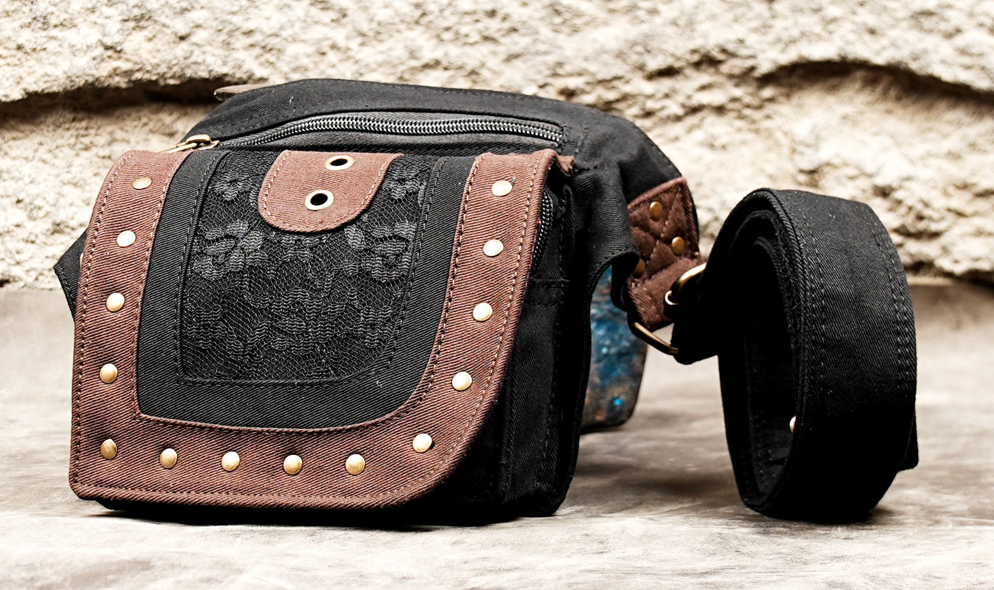 Black utility belt pouch with antique brass buckles