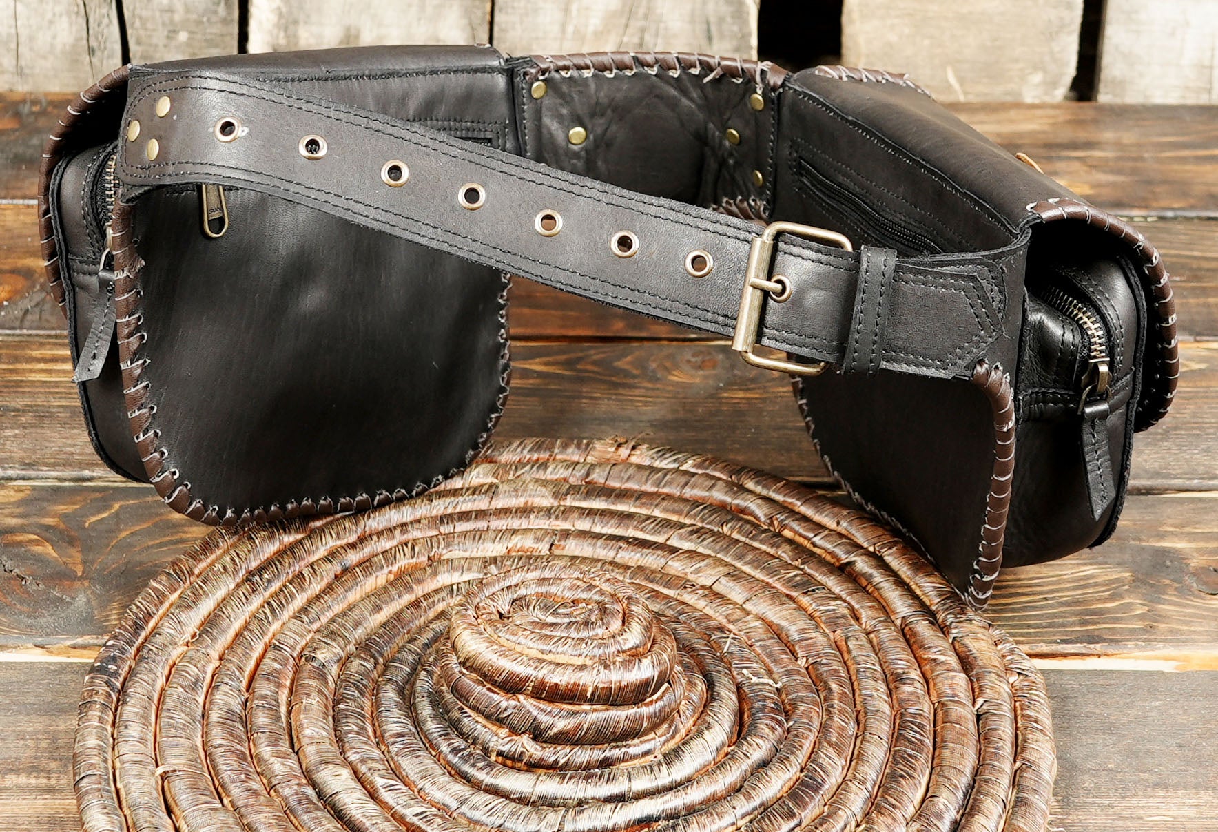 Genuine leather hip pouch with gemstone teardrop design and brass hardware