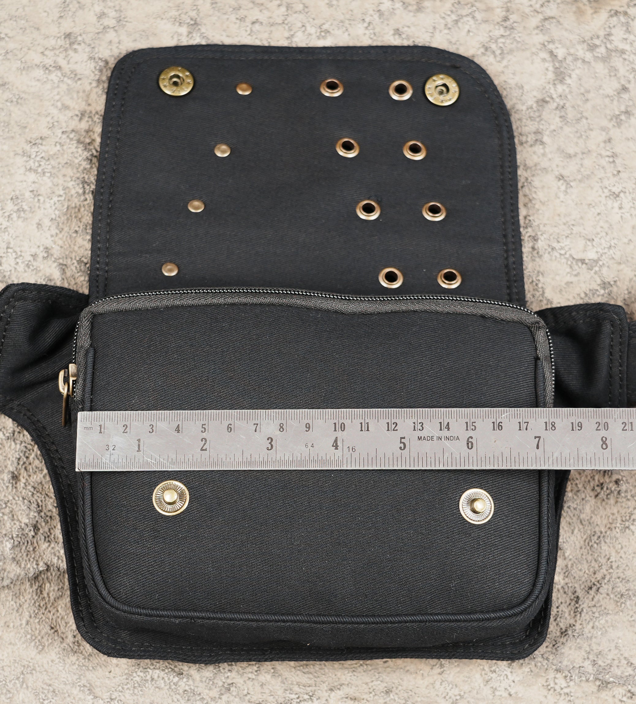 Handmade black cotton hip bag for concerts markets and travel