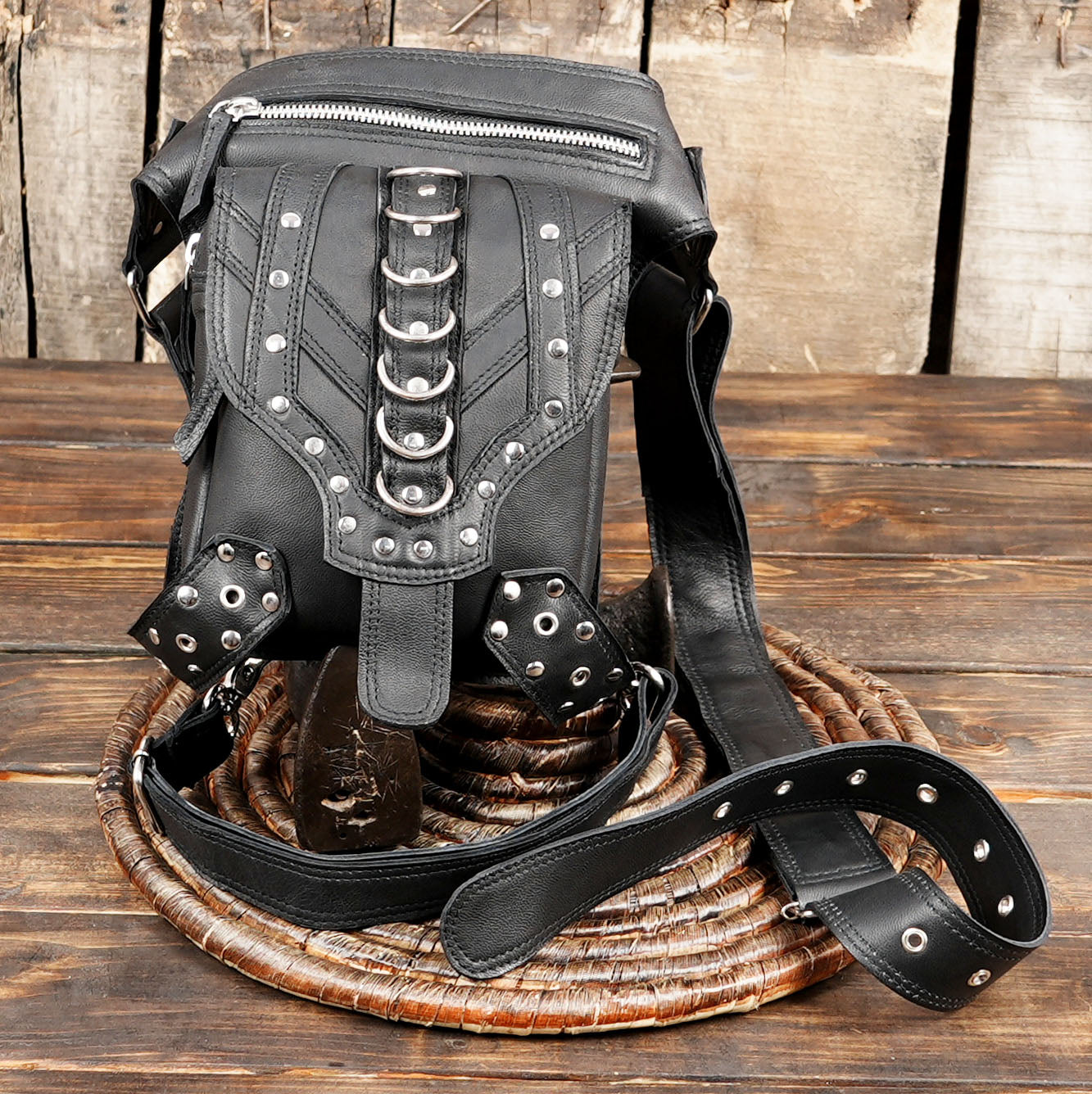 Handmade Leather Waist Pouch: Gemstone Steampunk Festival Belt Bag with zipper 