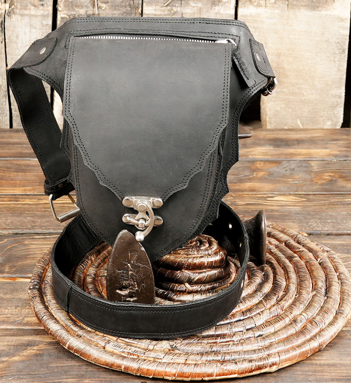 Black leather waist belt with secure utility pouch