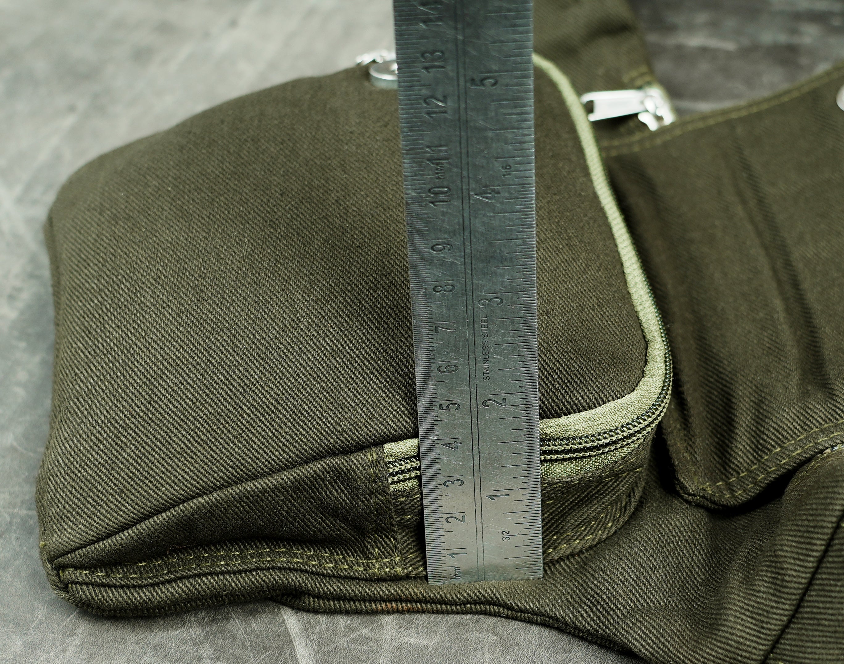 Olive green cotton bum bag for men and women, top view