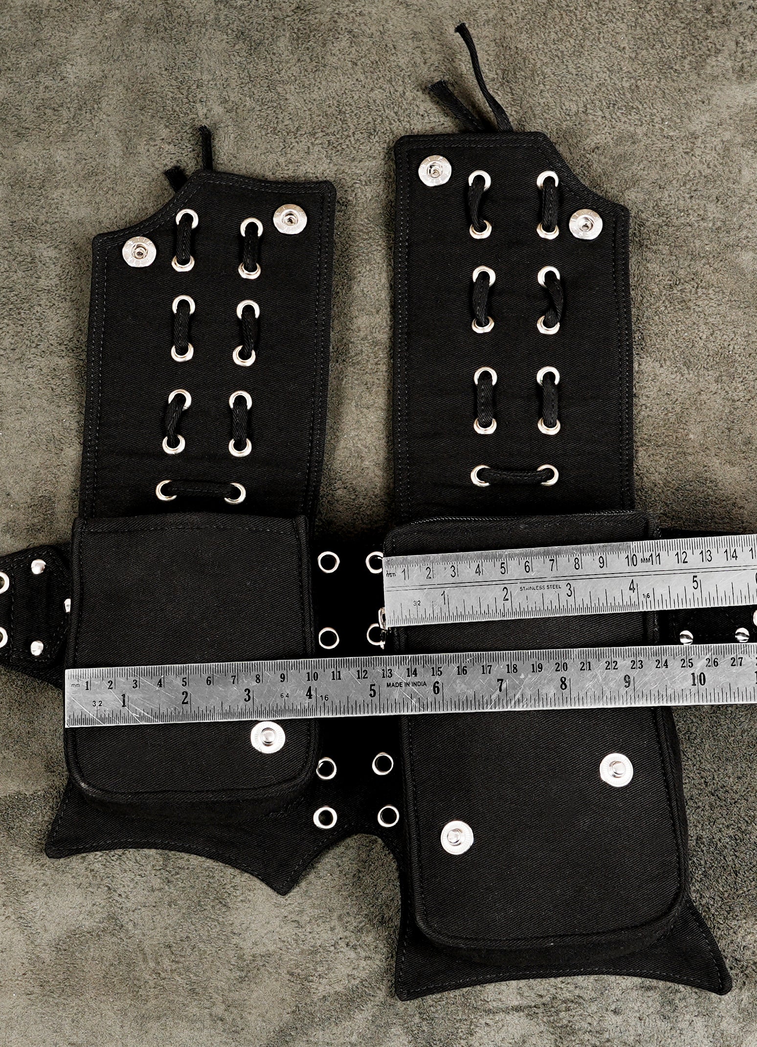 Adjustable black cotton waist belt with three pockets and metal buckle