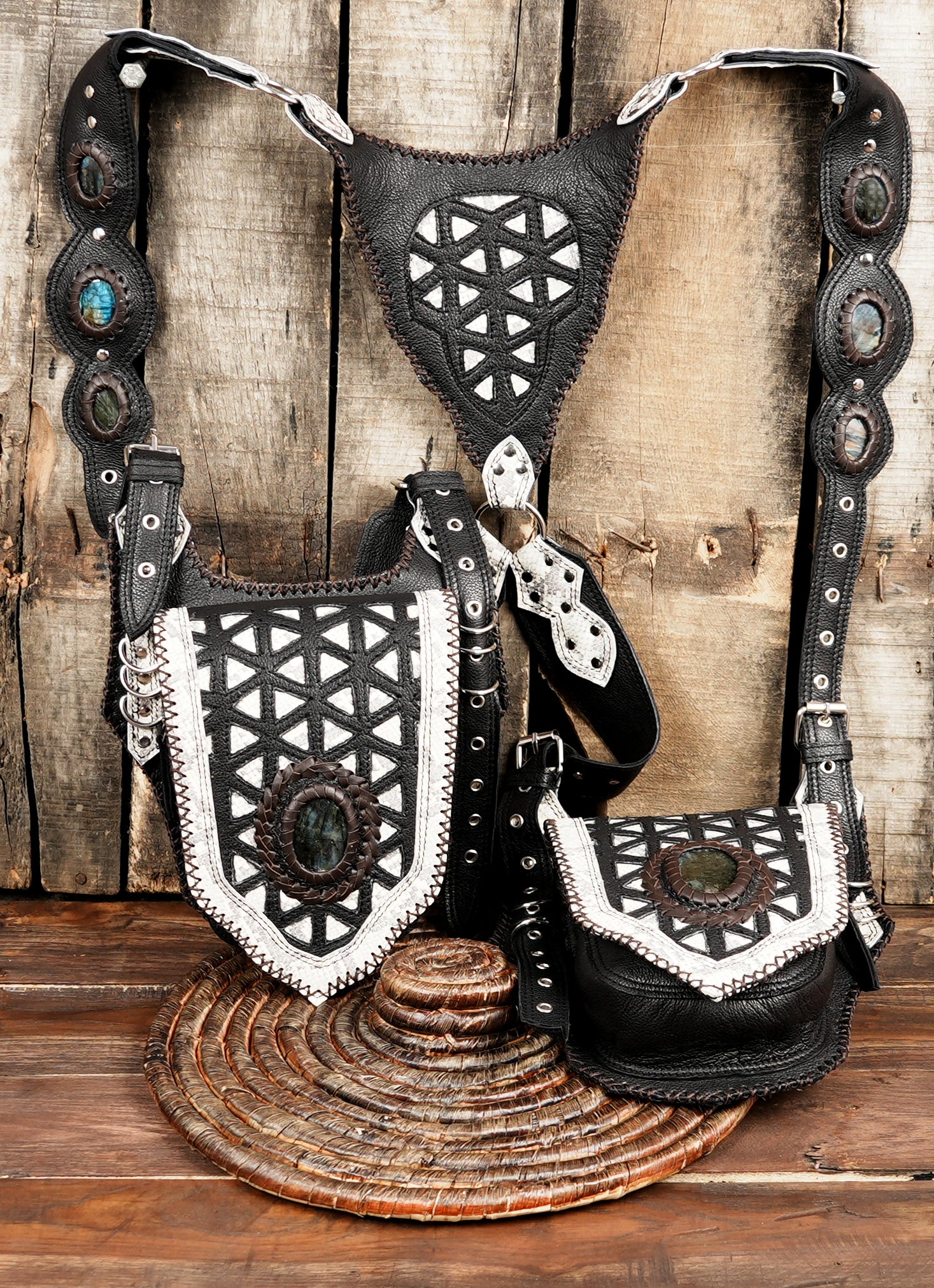 Premium Handmade Leather Festival Holster with Tribal Detailing || Black and White Steampunk Leather Holster with Dual Pouches (LT-NS-HLS-6019)