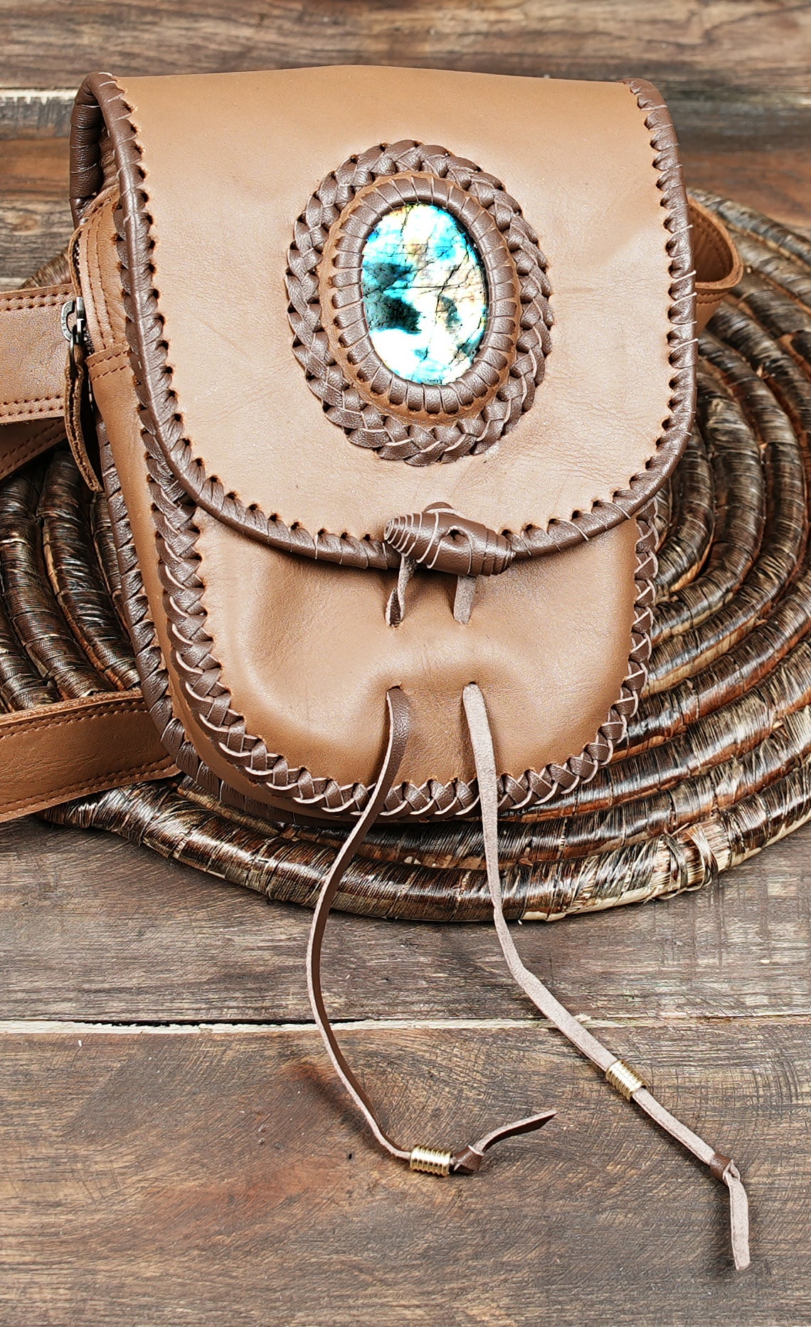 Leather waist pouch belt with secure tie and flap closure