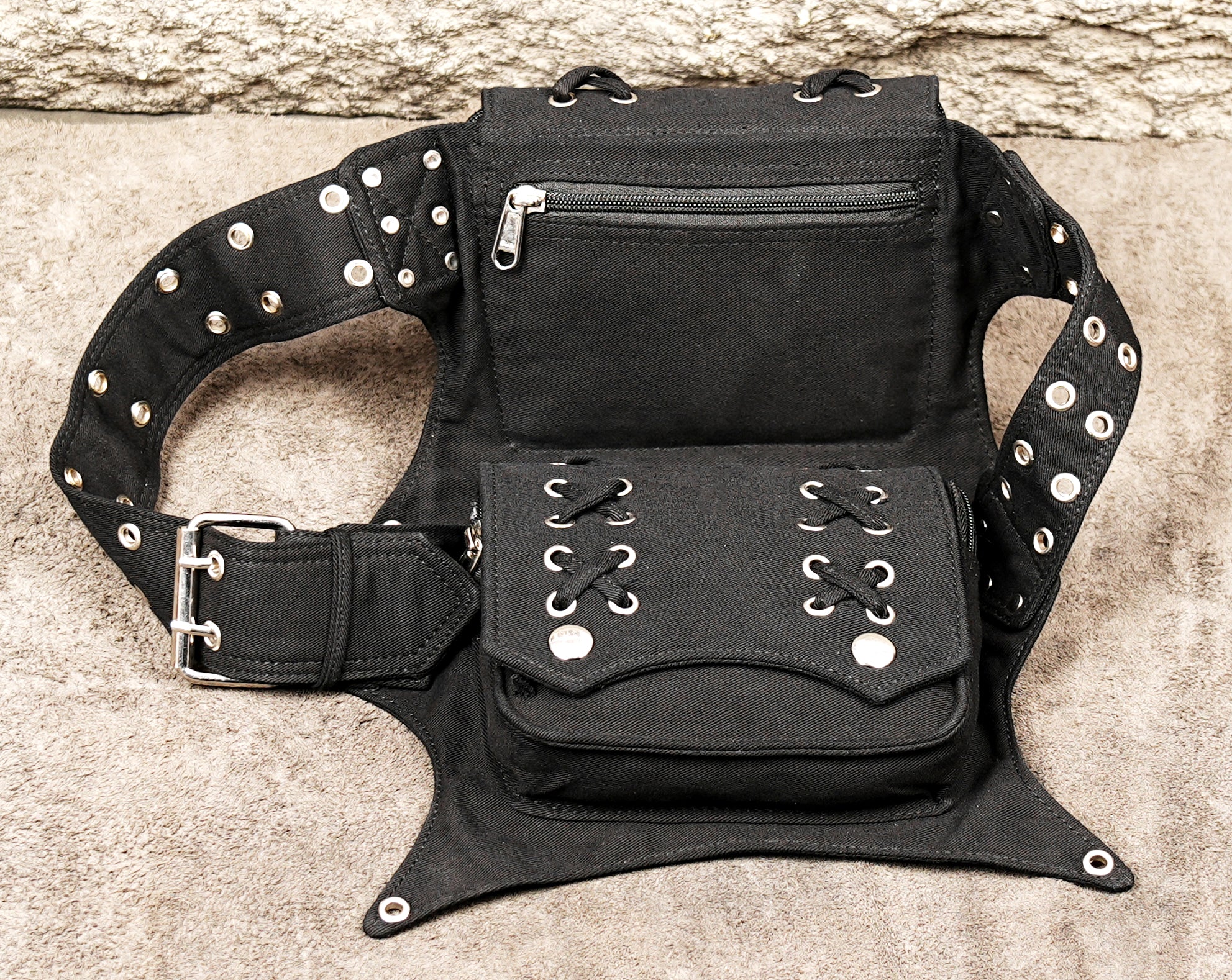 Dark alternative fashion black canvas utility belt with adjustable fit.
