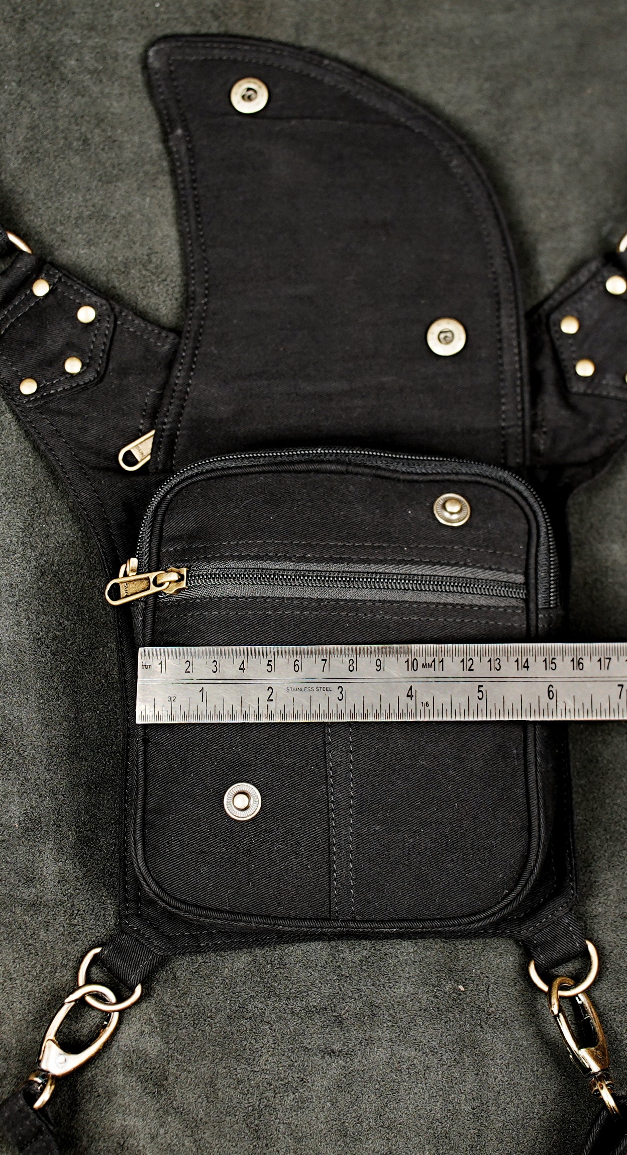 Black cotton holster bag with adjustable waist belt and leg strap clips