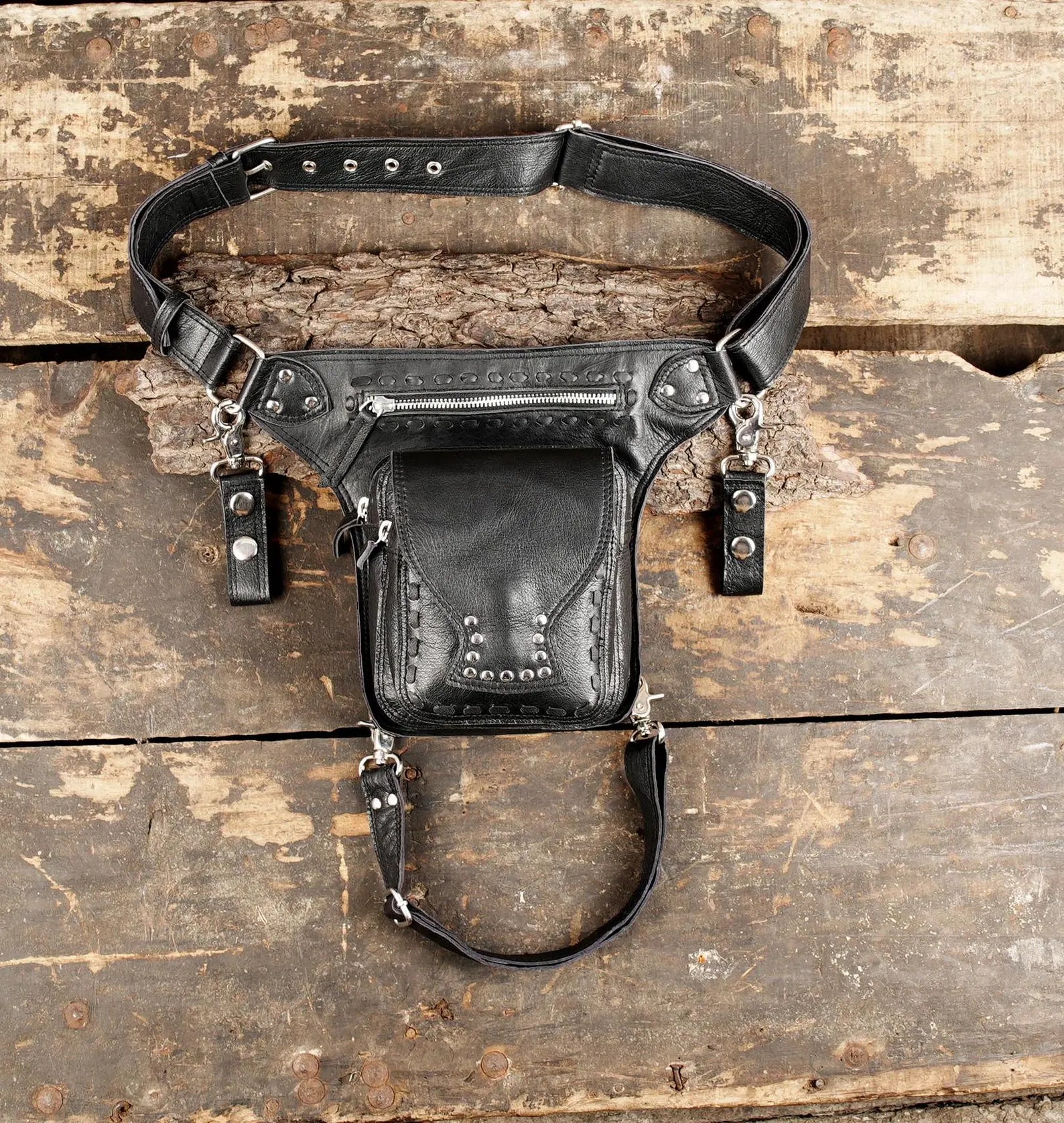 Black Leather Motorcycle Leg Bag with Studded Pocket and Adjustable Strap
