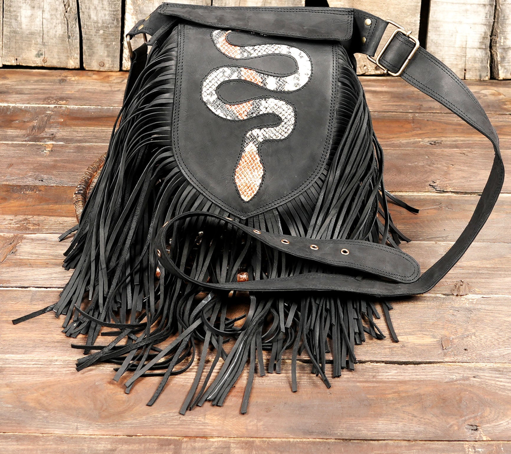Handmade Black Leather Hip Bag with Fringe – Boho Waist Belt Pouch, Utility Waist Bag with Long Fringe For Unisex (LT/AB/WB/6198)