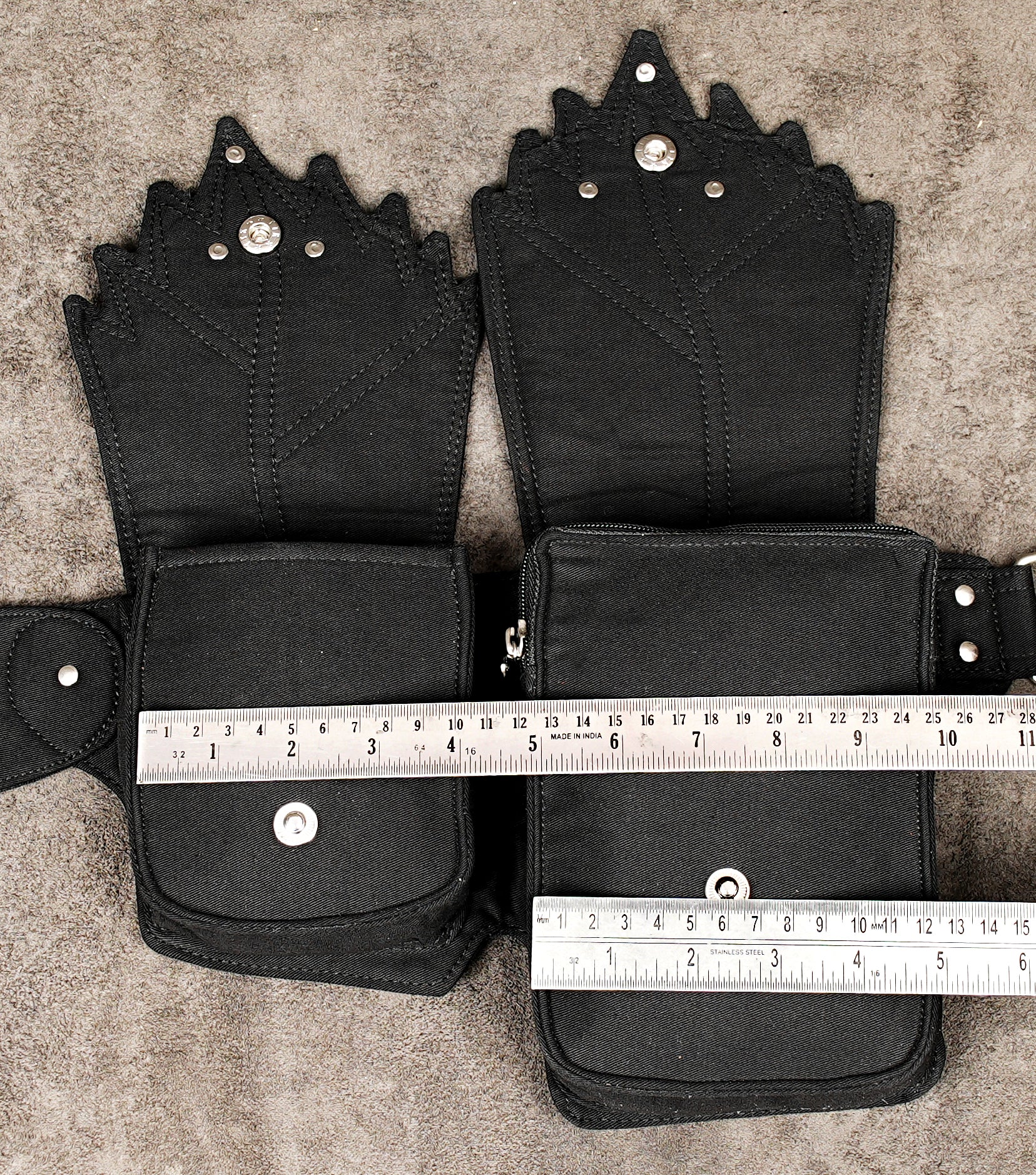 Concert and music festival utility belt: black, studded, multi-pocket hip bag.