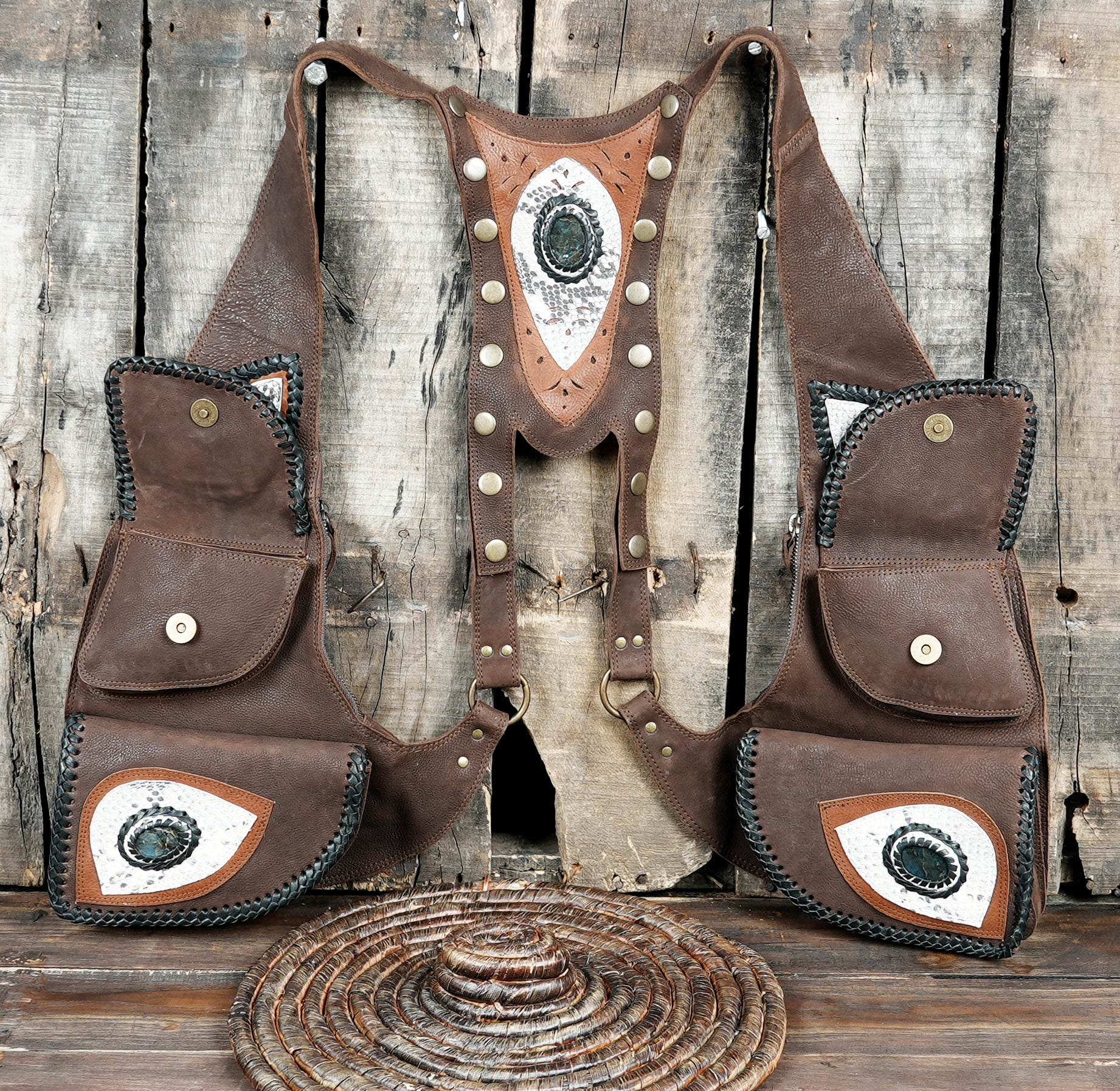 Leather crossbody harness with gemstone and stitching details with brown creativity 