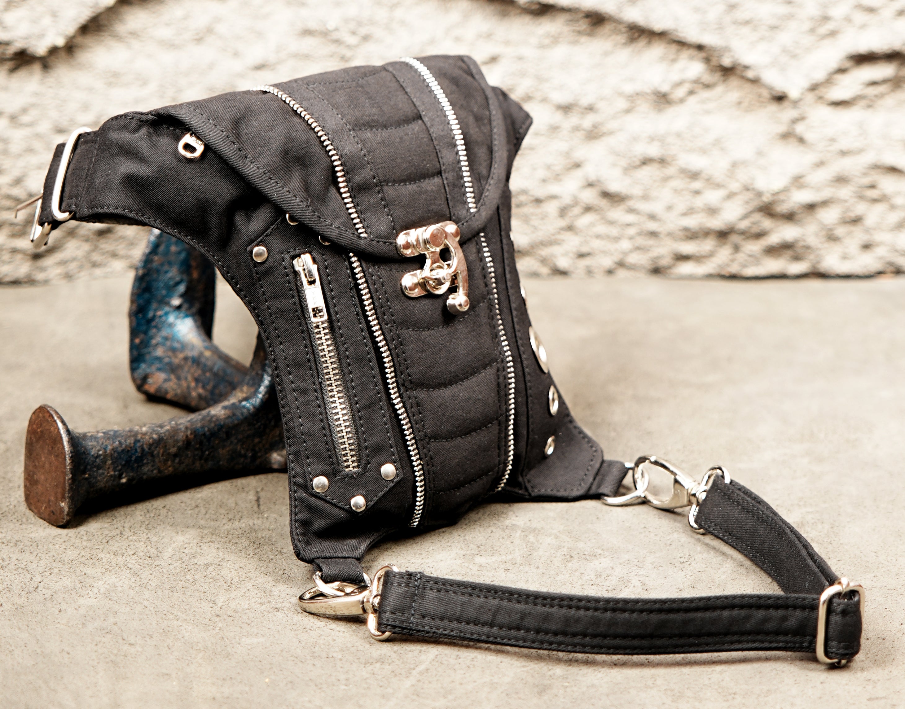 Dark wear aesthetic drop leg utility pouch in black cotton