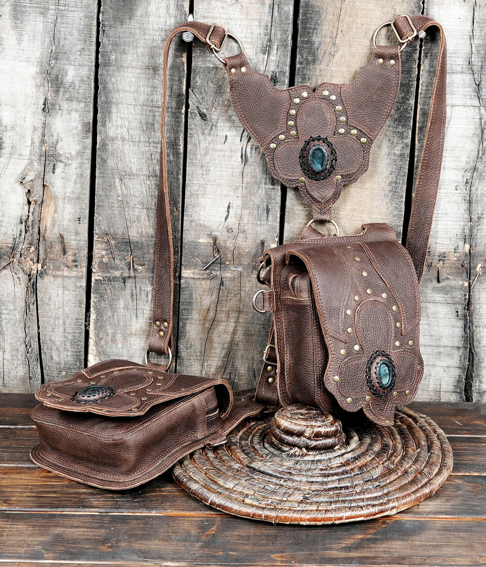 Handmade Leather Double Pouch Holster with Gemstone Accents || Boho Leather Holster with Gemstone Inlay Details  (LT-AB-HLS-6030)