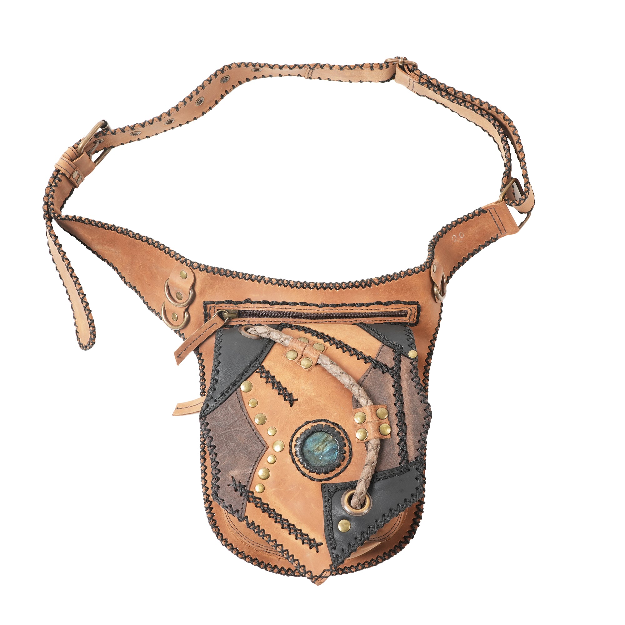 Handmade Steampunk Style Leather Waist Pouch with Gemstone || Boho Patchwork Leather Waist Bag(LT-AB-WB-6026)