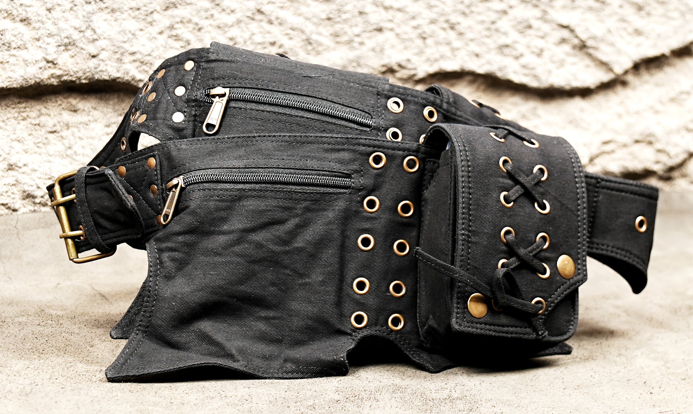 Steampunk utility belt fanny pack with grommets for backpacking and raves