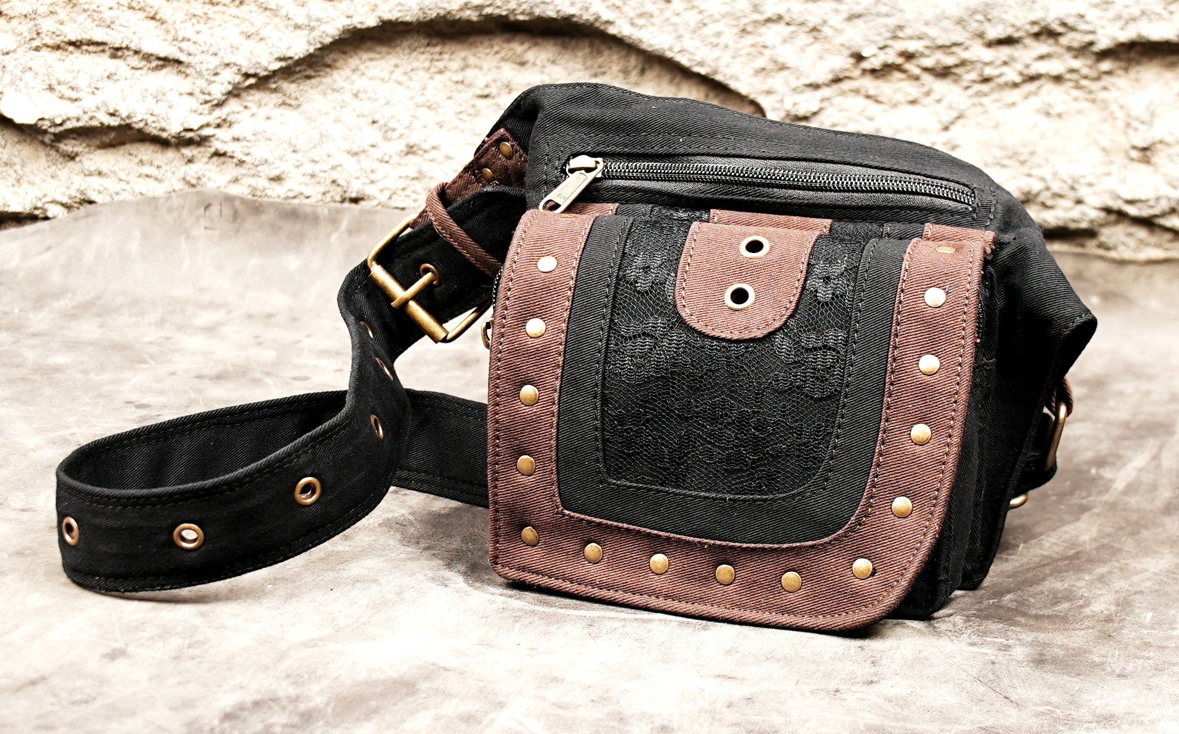 Cotton utility hip bag with brown trim and brass studs