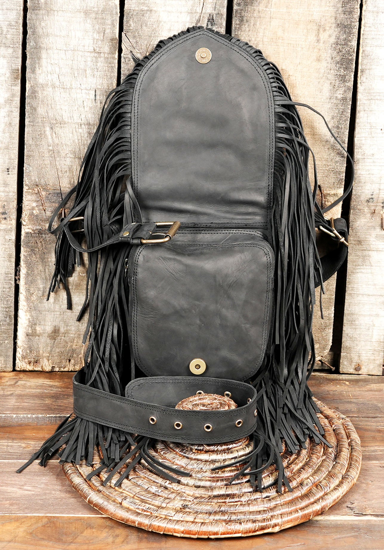 Handmade Black Leather Hip Bag with Fringe – Boho Waist Belt Pouch, Utility Waist Bag with Long Fringe For Unisex (LT/AB/WB/6198)