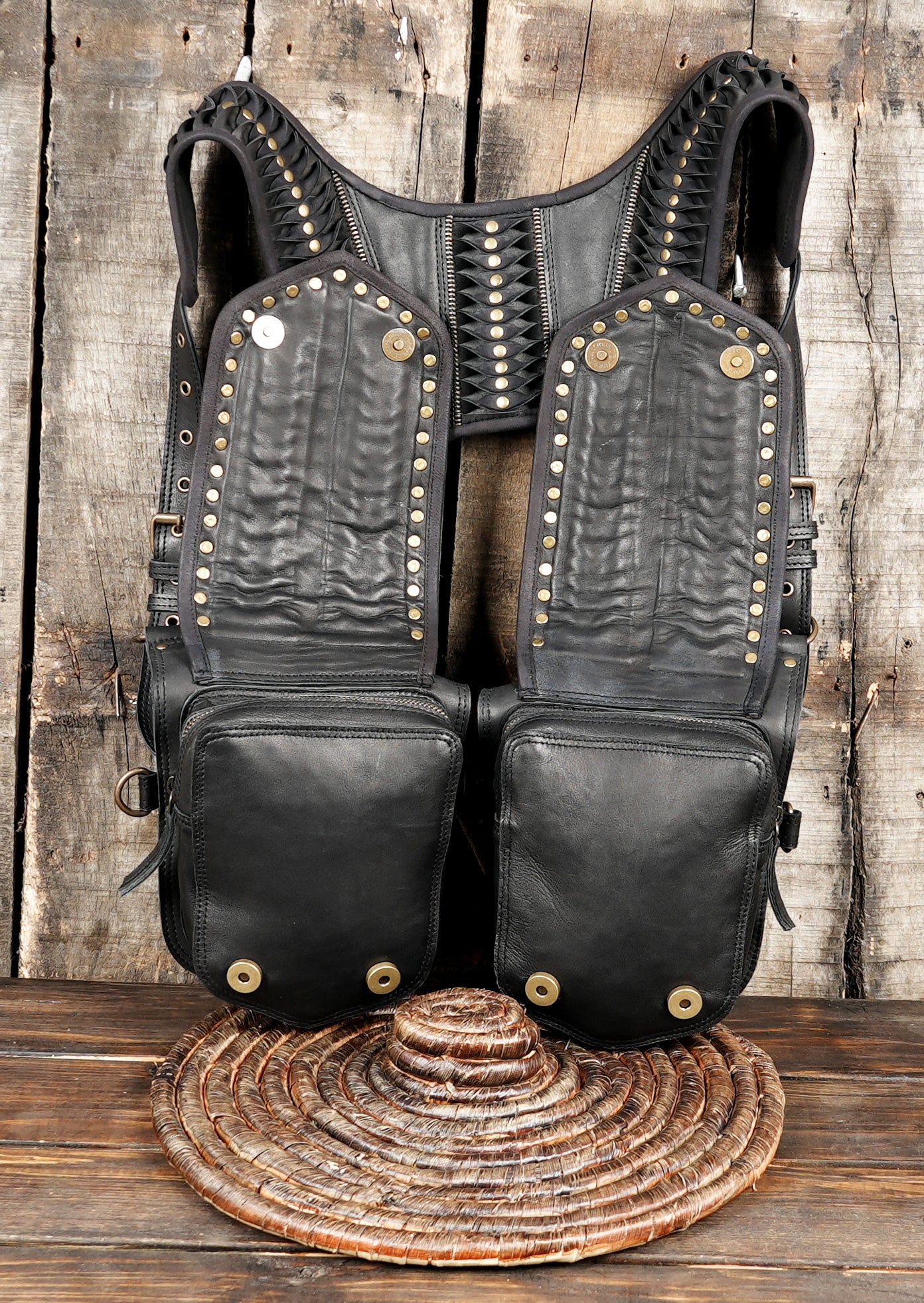 Unisex studded leather crossbody harness bag for fashion wear with magnet button 