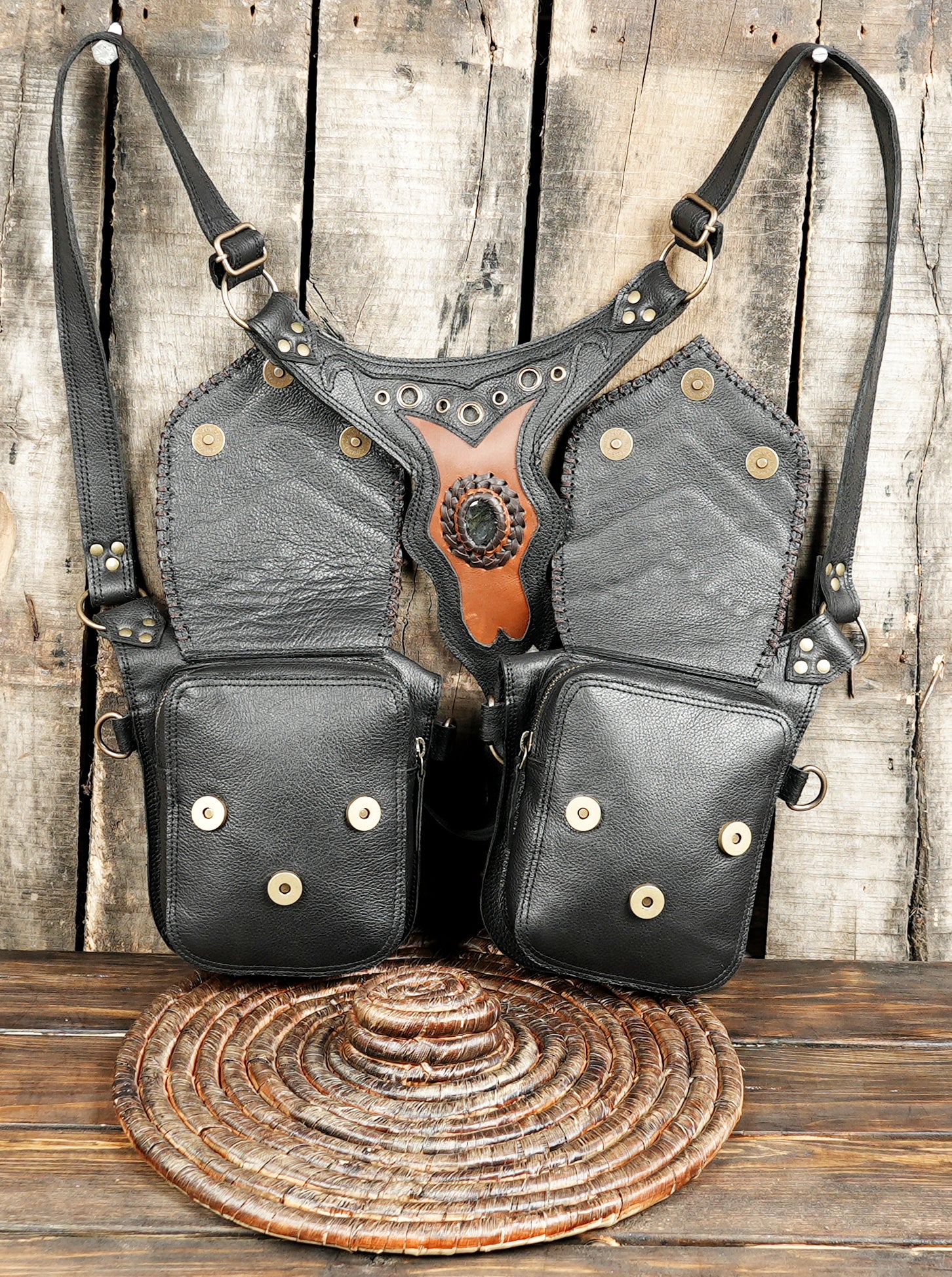 Handcrafted leather harness holster for festivals and travel