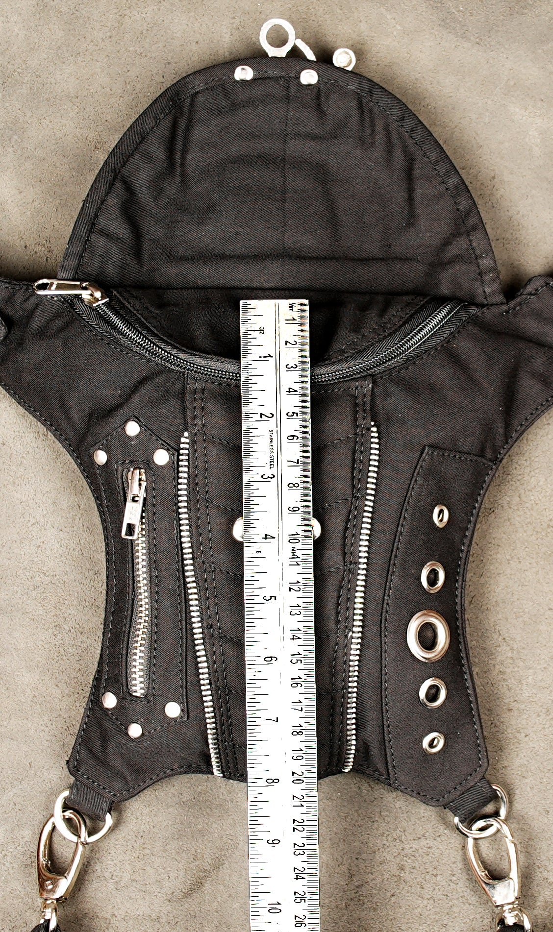 Alternative fashion black multi-zipper drop leg pouch