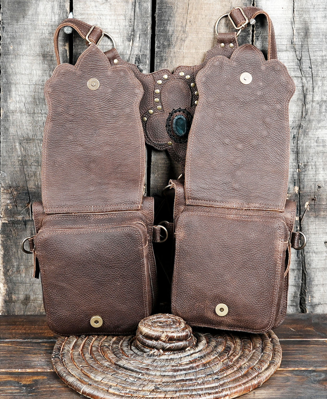 Handmade Leather Double Pouch Holster with Gemstone Accents || Boho Leather Holster with Gemstone Inlay Details  (LT-AB-HLS-6030)