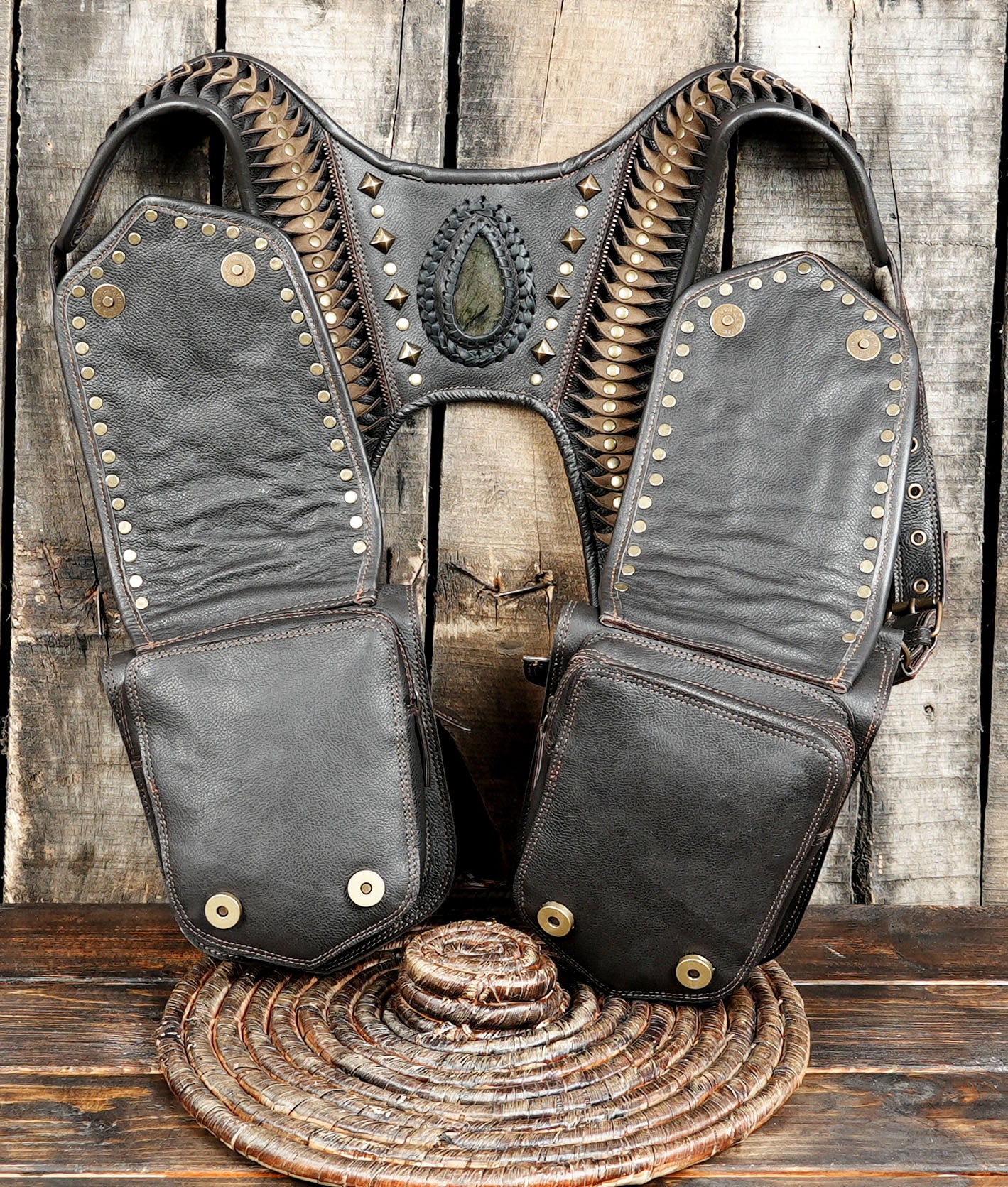 Handmade boho leather shoulder holster bag with studs and stitching