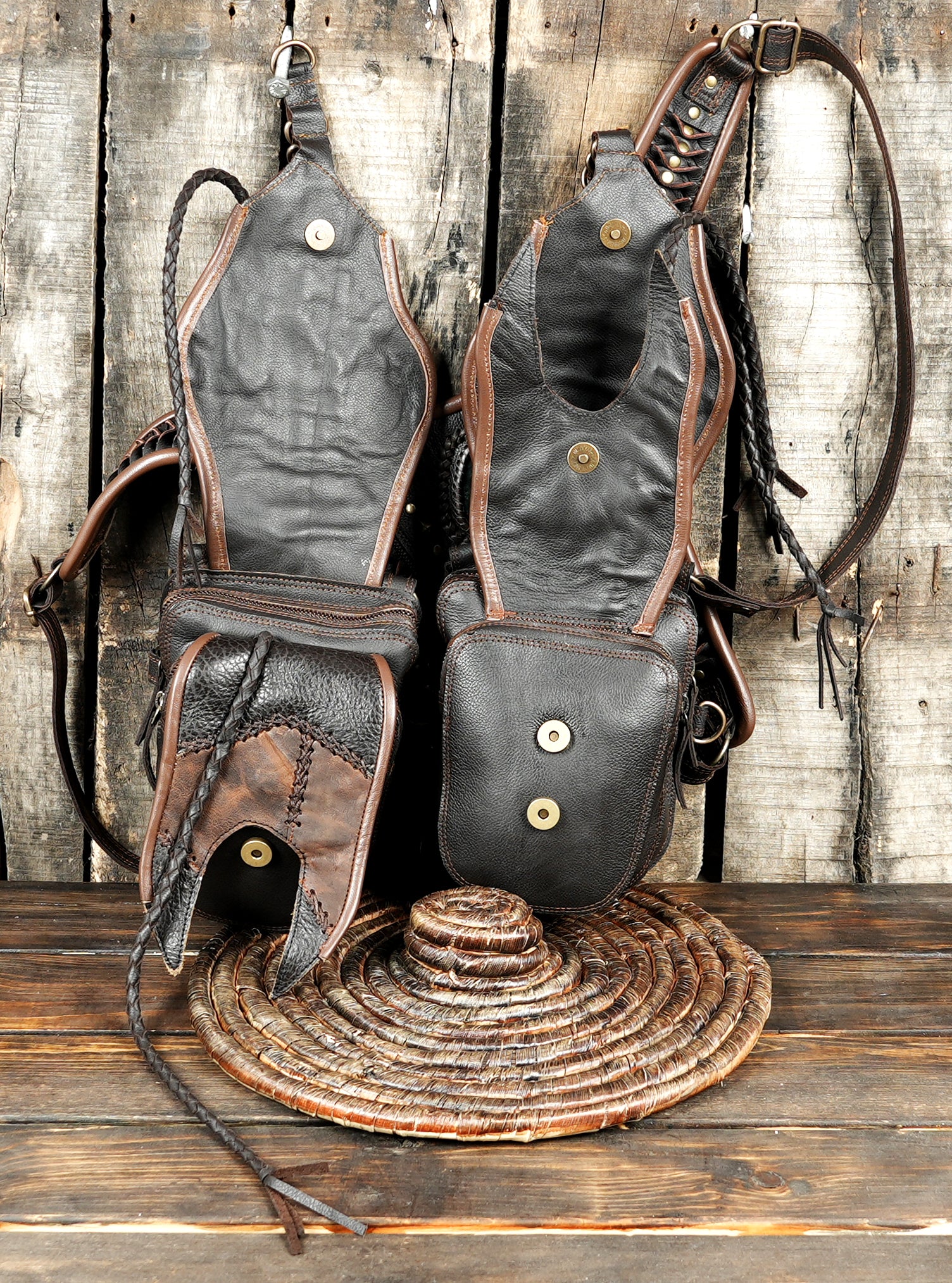 “Bohemian tribal leather holster with dual pouches and stone centerpiece”