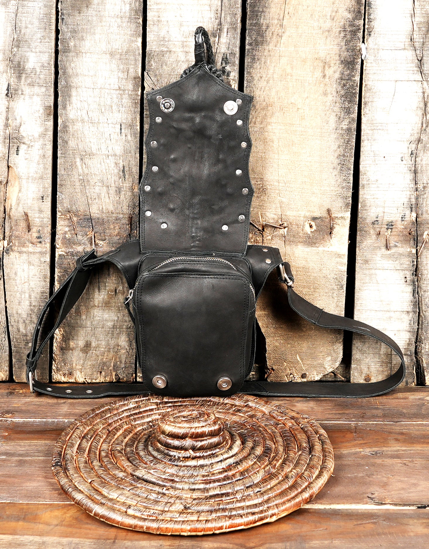 Handmade Black Leather Studded Waist Belt – Western Tribal Hip Bag || Tribal Black Leather Hip Bag with Tassel For Unisex (LT-NS-WB-6015)