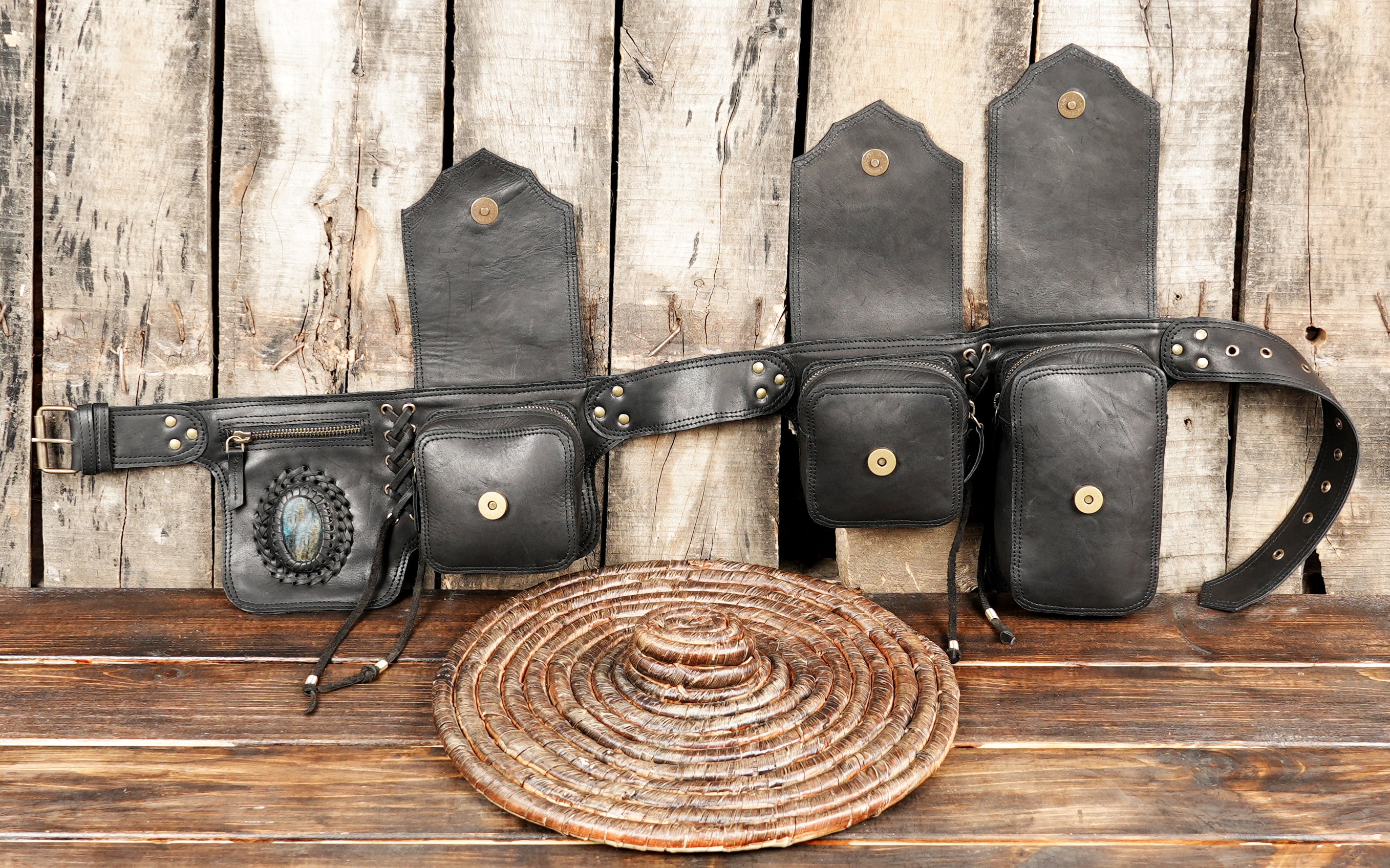 Black Leather Multi Pocket Waist Belt Bag with Stone Detail, Festival Utility Hip Pouch