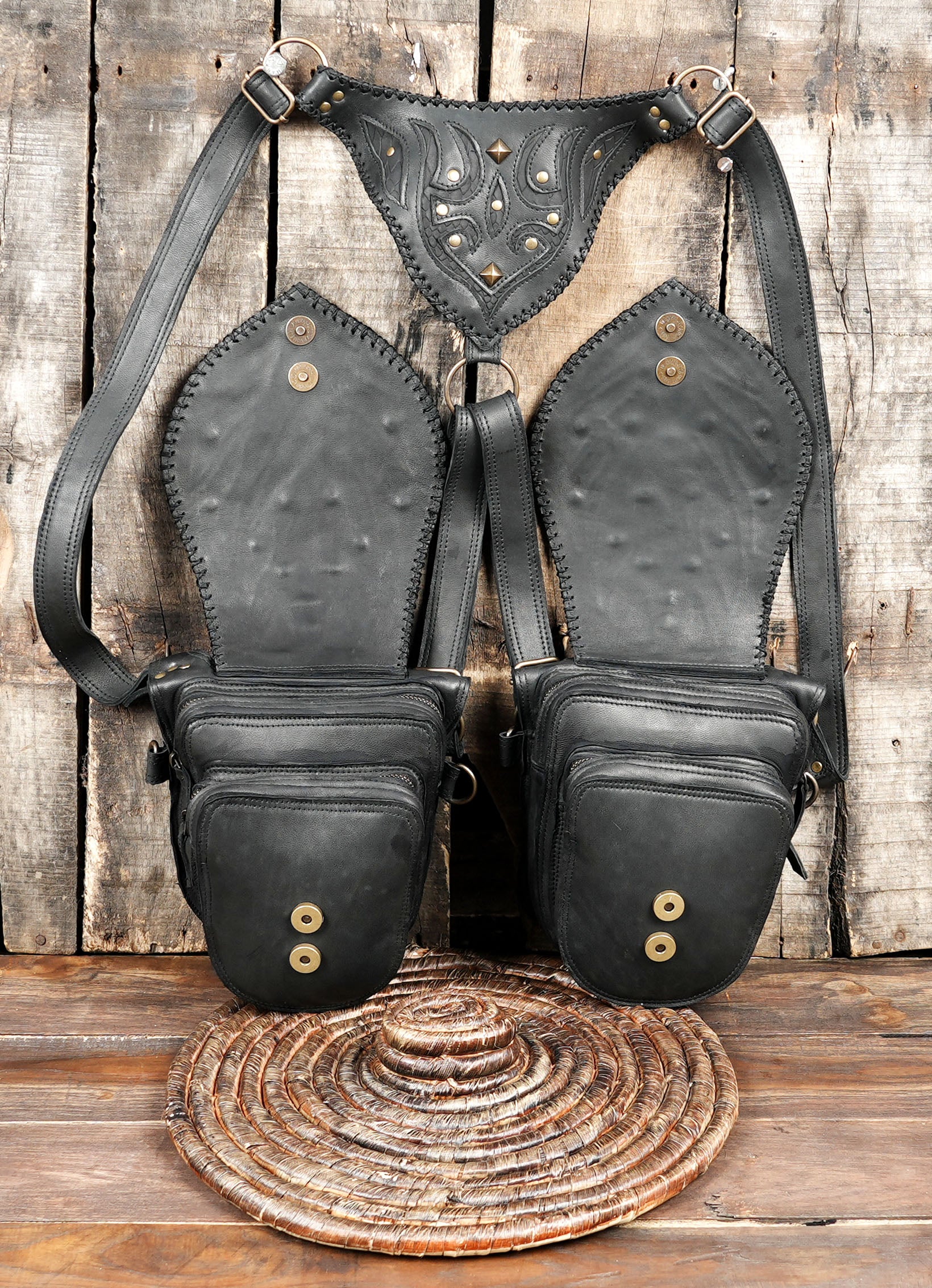 Unisex black leather festival holster bag