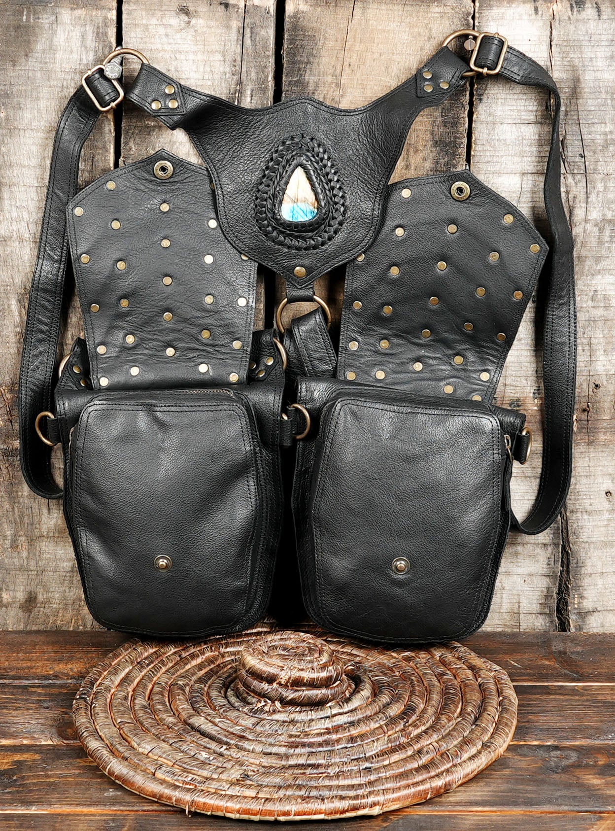 Buy REAL LEATHER Labradorite GEMSTONE Shoulder Holster Bag with steel metal 