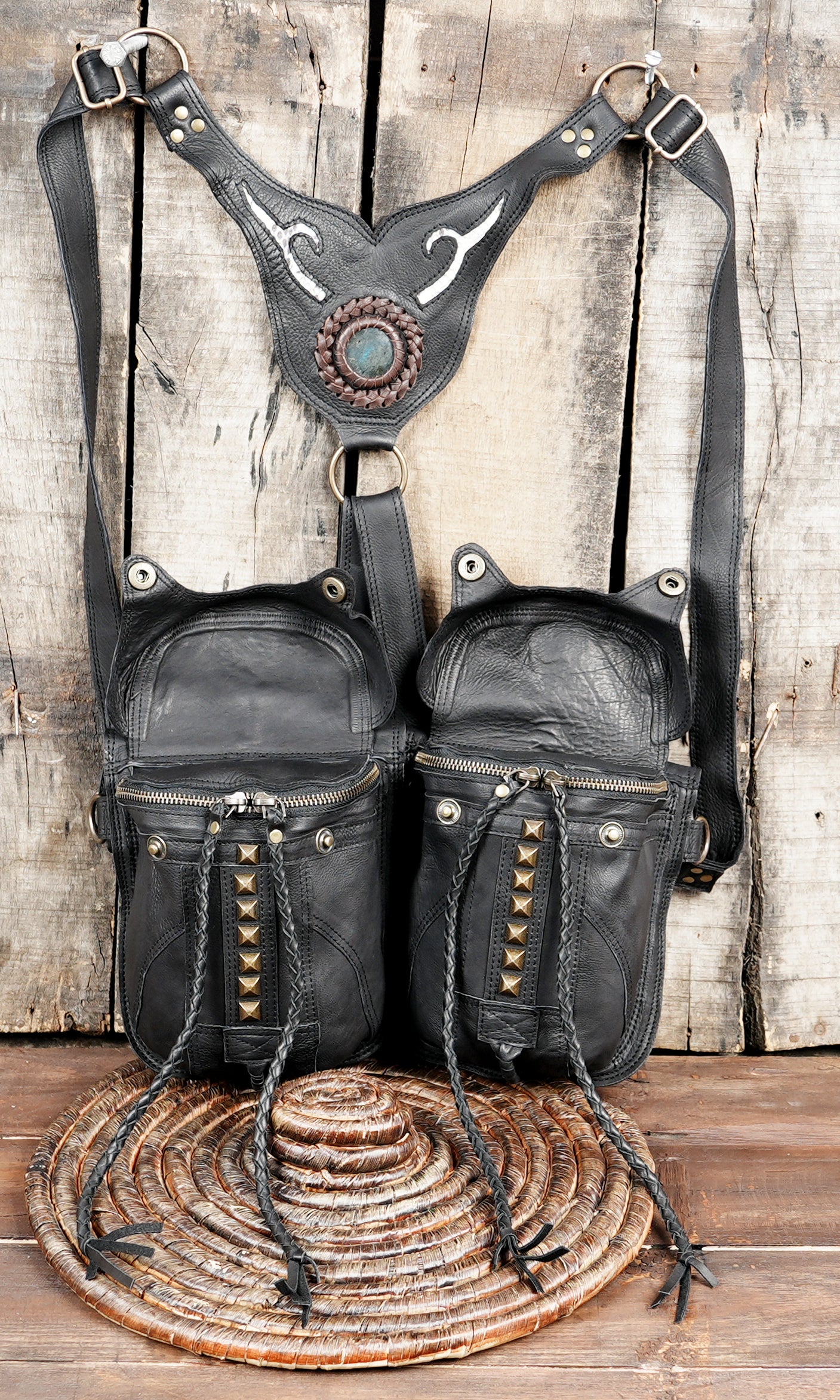 Handmade Genuine Leather Dual Pouch Utility Holster || Tribal Style Leather Chest Holster with Gemstone Accent (LT-AB-HLS-6044)